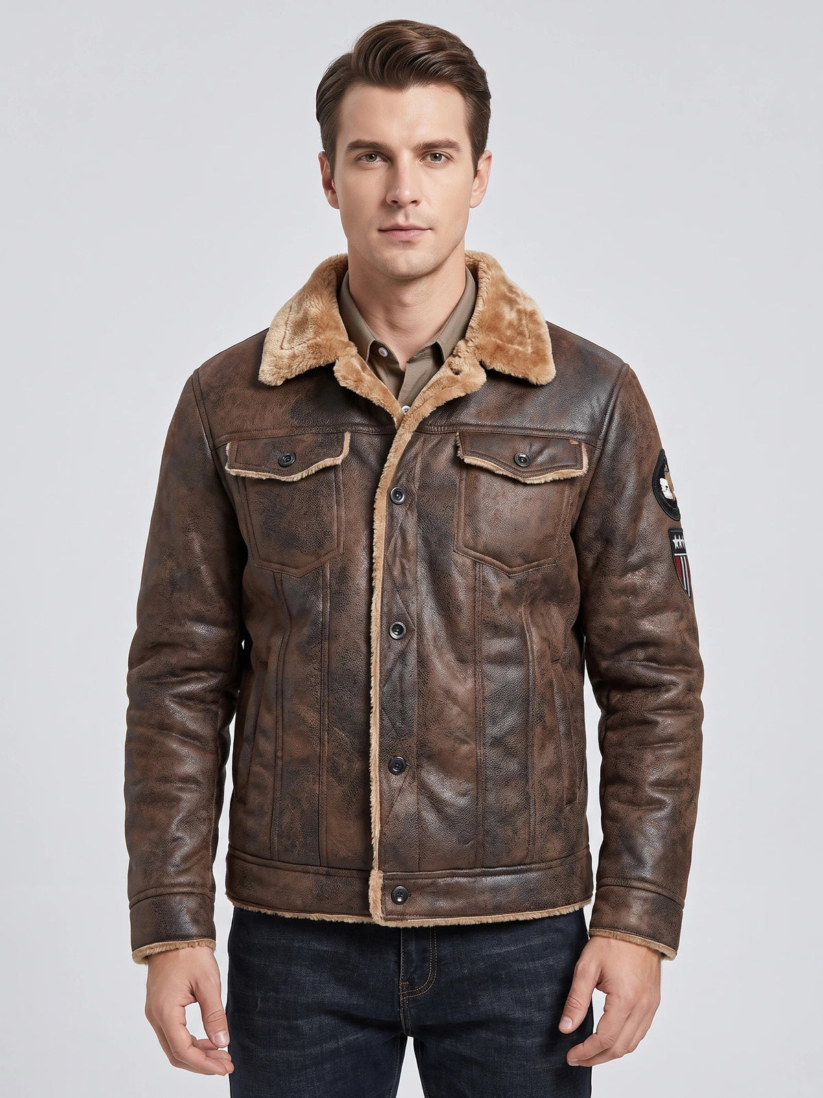 Men's Leather Jacket, Warm Fleece Bomber, Slim Fit
