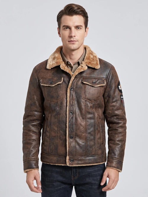 Men's Leather Jacket, Warm Fleece Bomber, Slim Fit