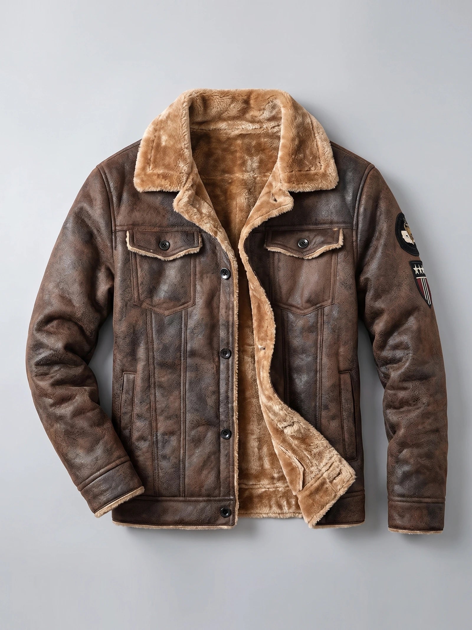 Men's Leather Jacket, Warm Fleece Bomber, Slim Fit