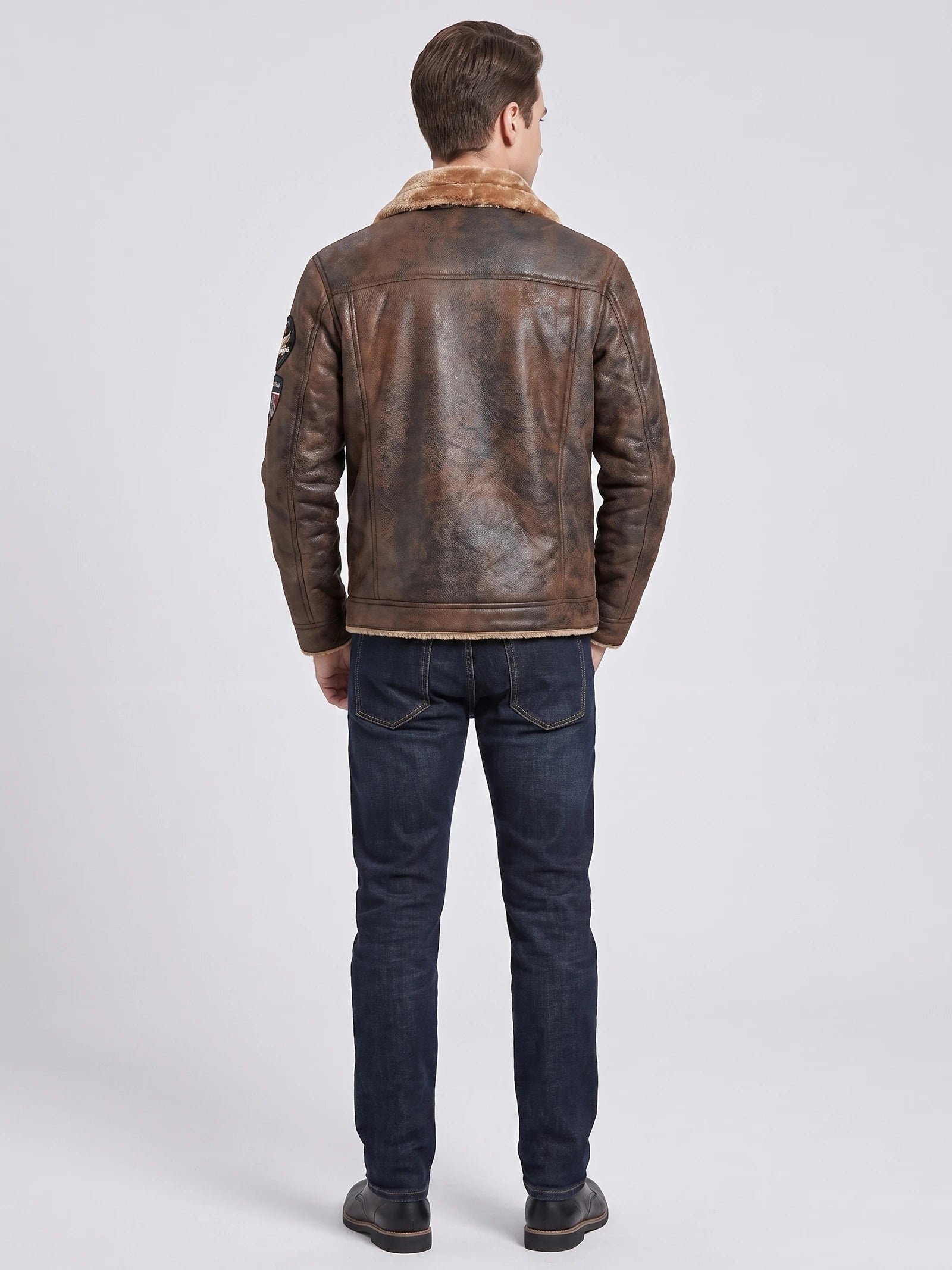 Men's Leather Jacket, Warm Fleece Bomber, Slim Fit