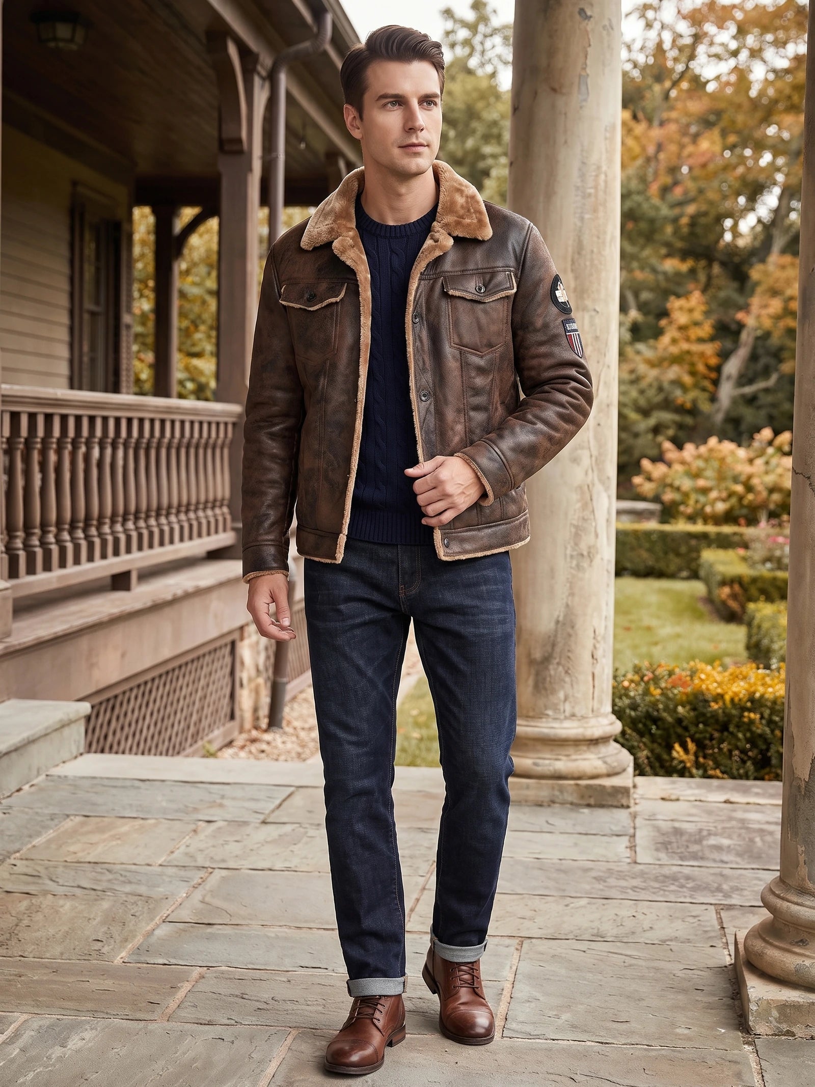 Men's Leather Jacket, Warm Fleece Bomber, Slim Fit