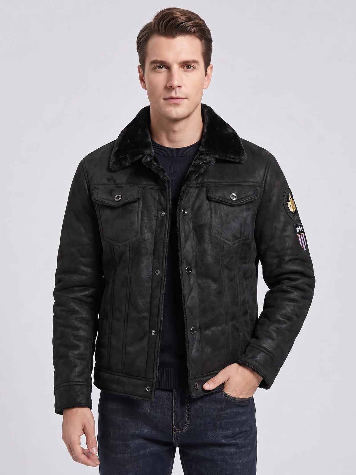 Men's Leather Jacket, Warm Fleece Bomber, Slim Fit