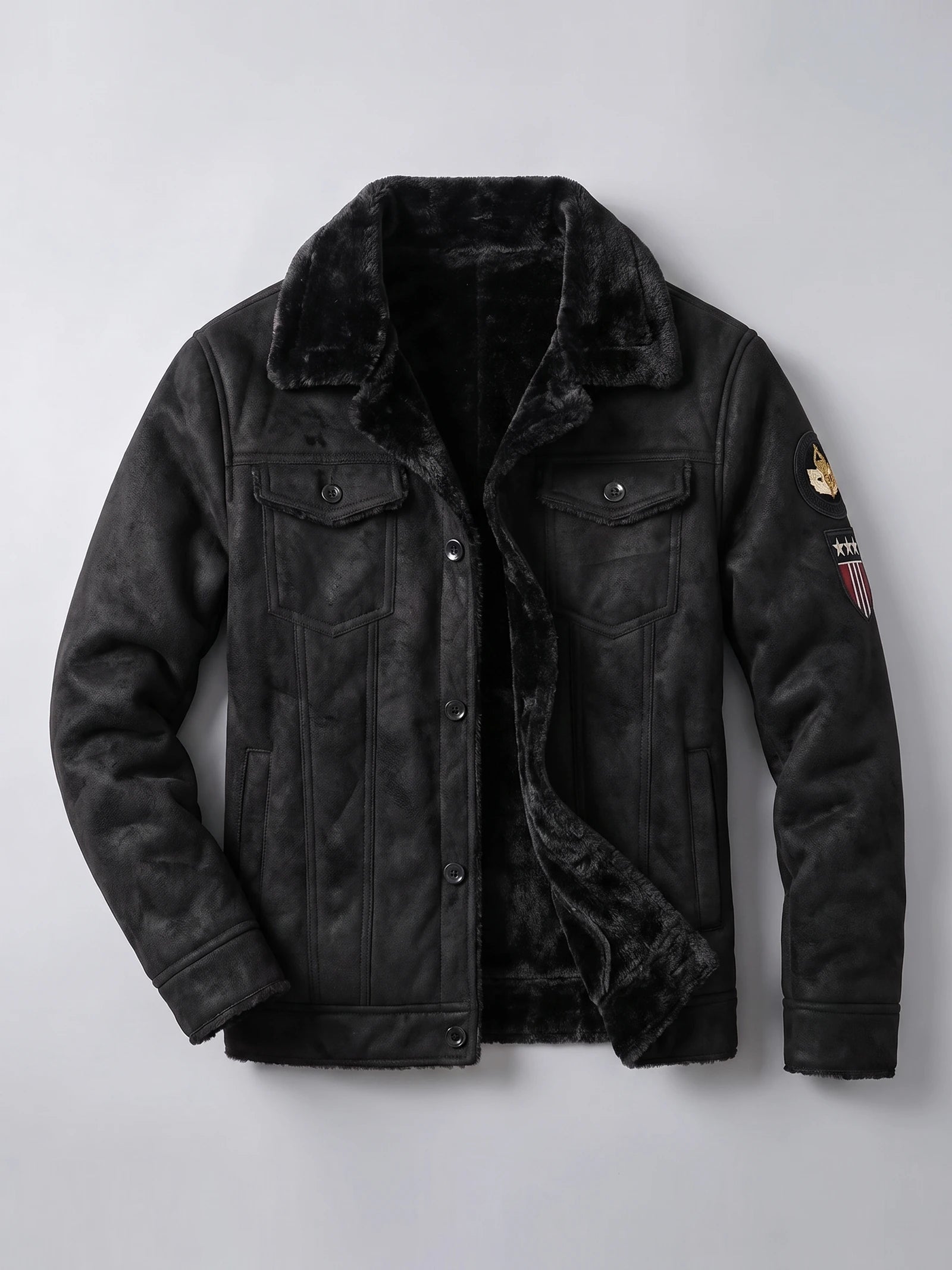 Men's Leather Jacket, Warm Fleece Bomber, Slim Fit