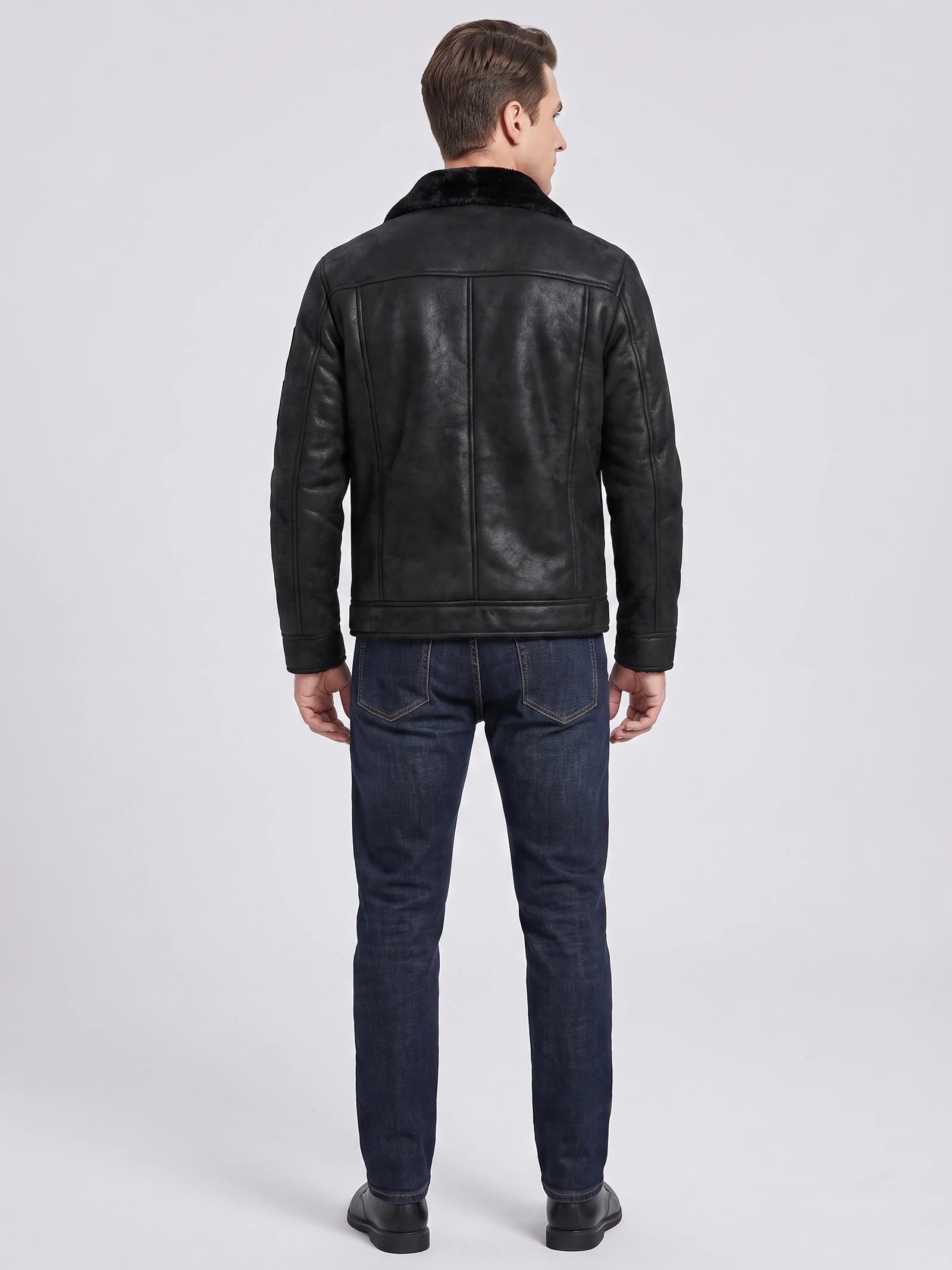 Men's Leather Jacket, Warm Fleece Bomber, Slim Fit
