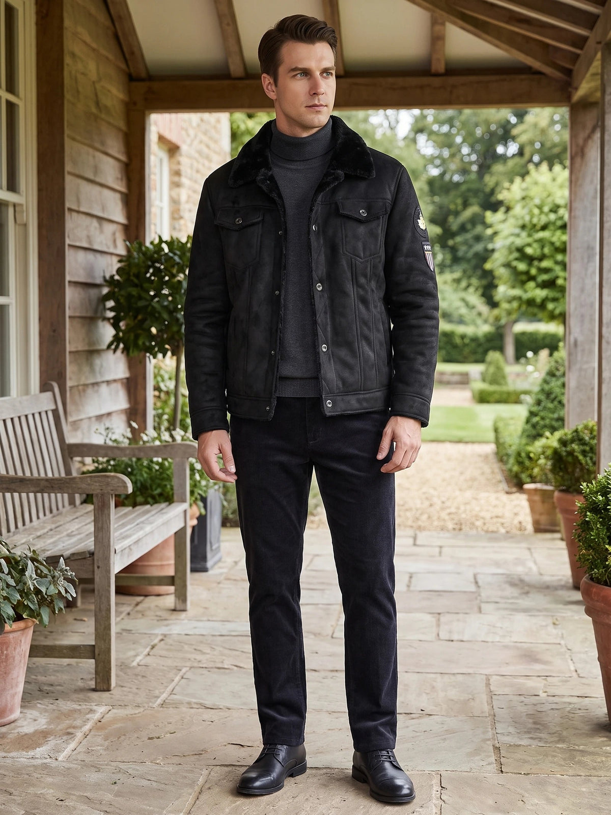 Men's Leather Jacket, Warm Fleece Bomber, Slim Fit