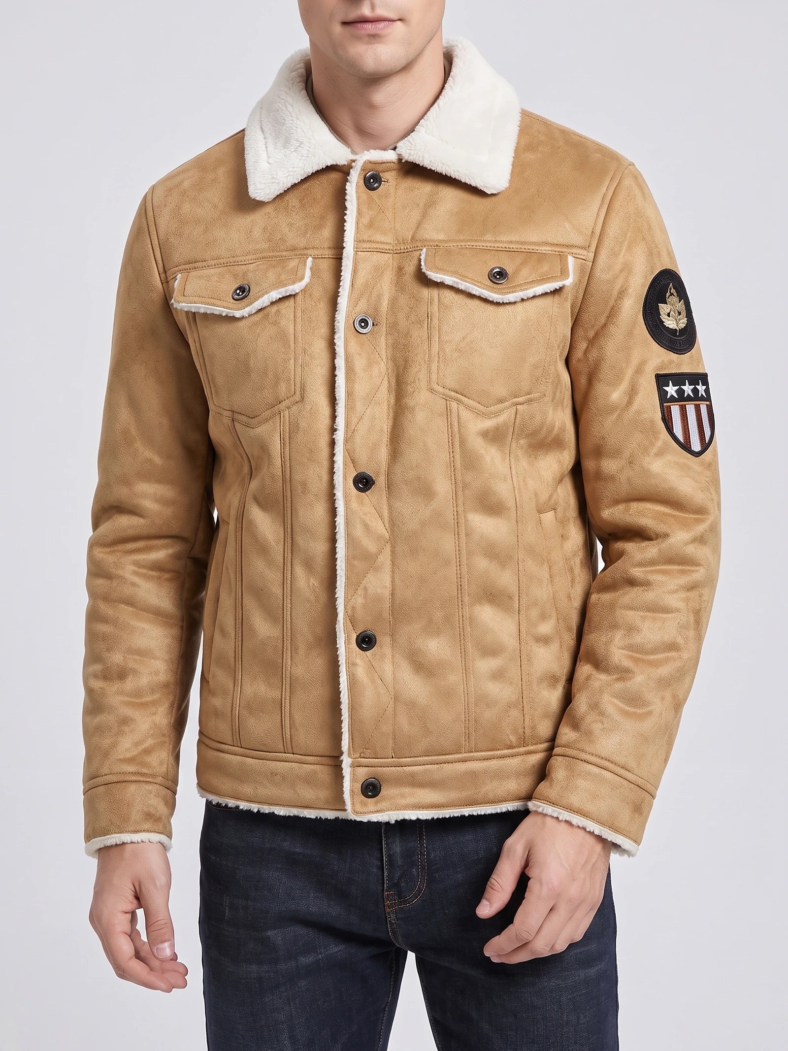 Men's Leather Jacket, Warm Fleece Bomber, Slim Fit
