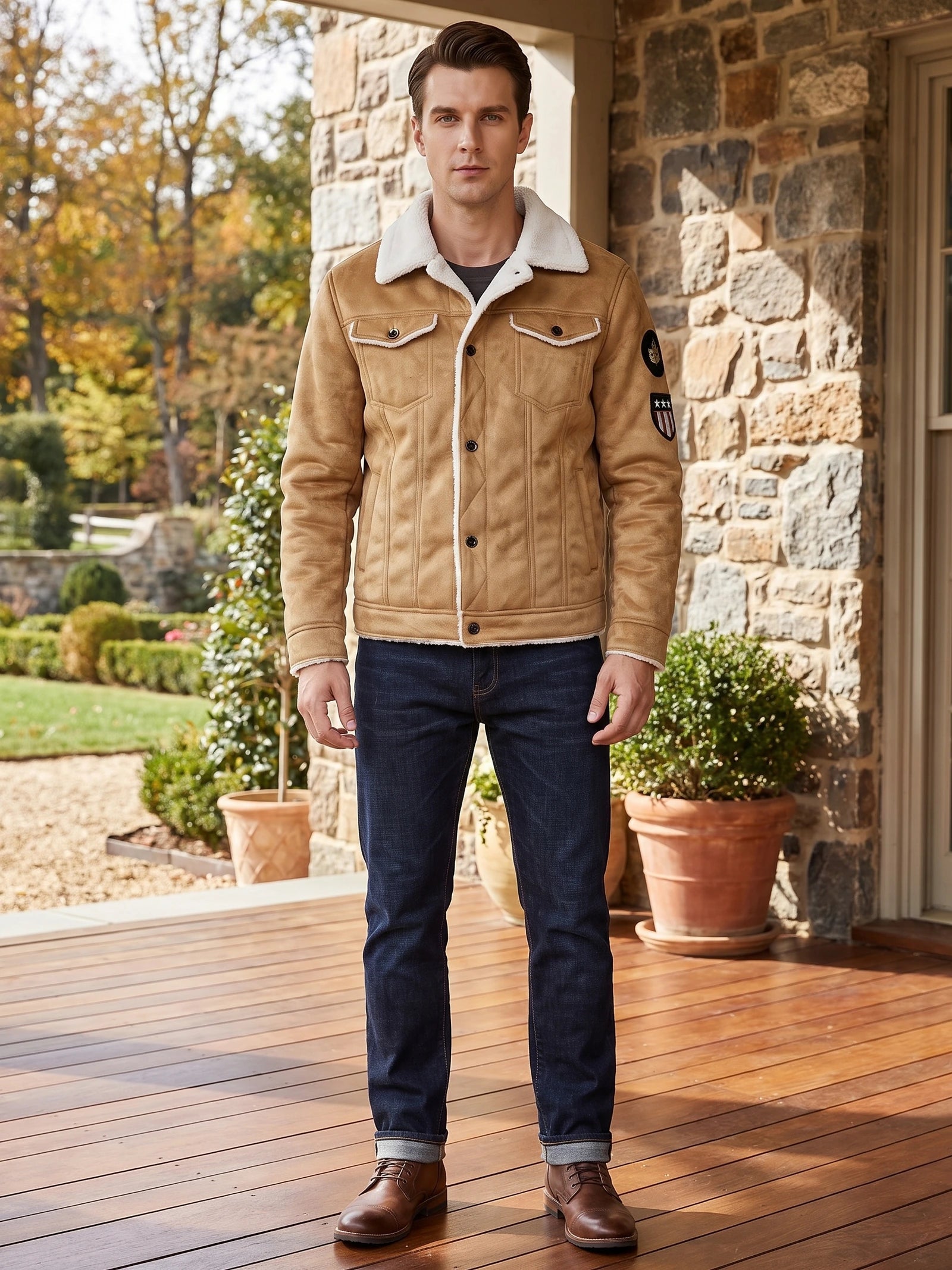 Men's Leather Jacket, Warm Fleece Bomber, Slim Fit