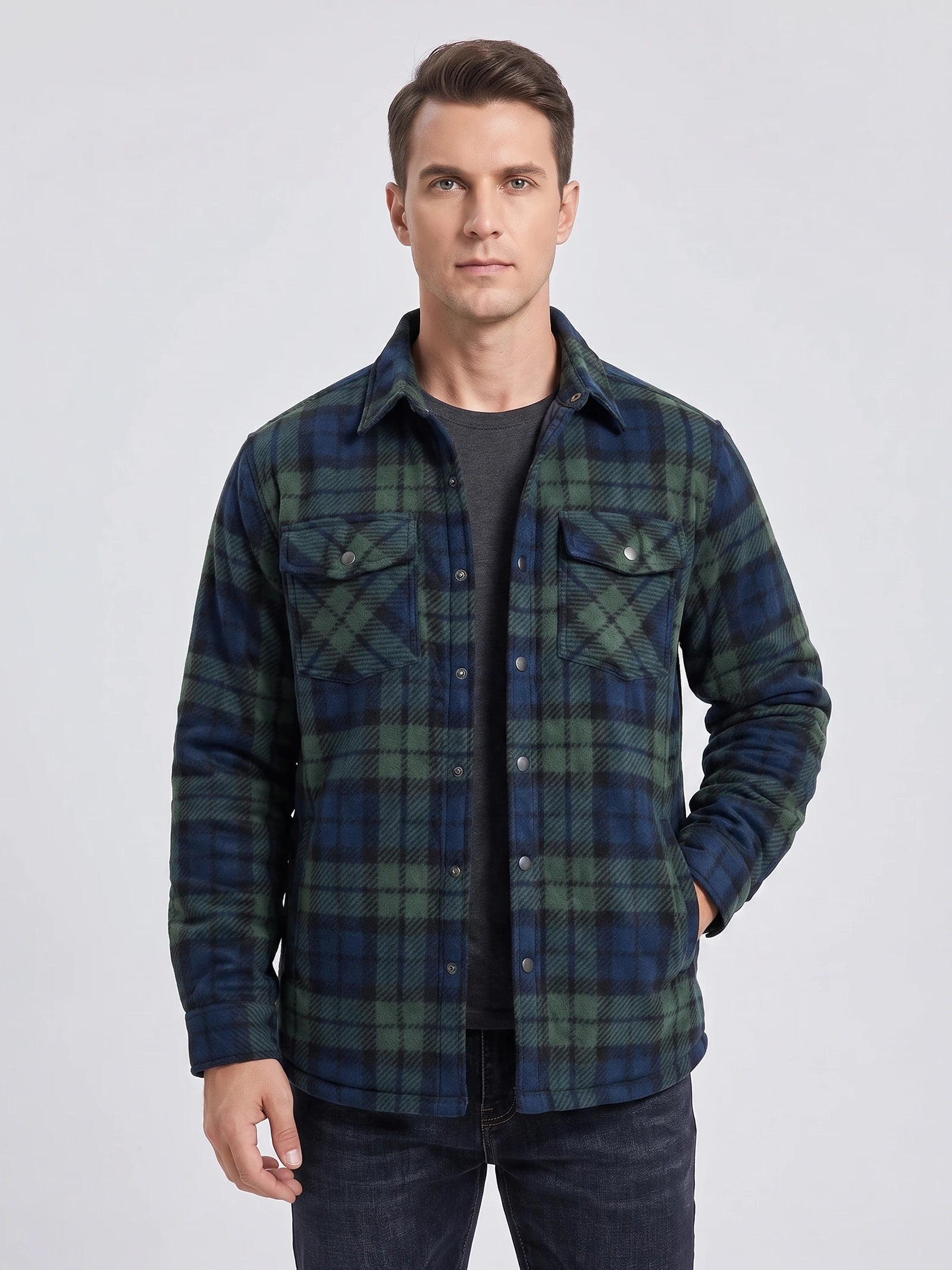 Men's Check Flannel Jacket with Quilted Lining, Long Sleeve Button-Up Autumn Winter Coat