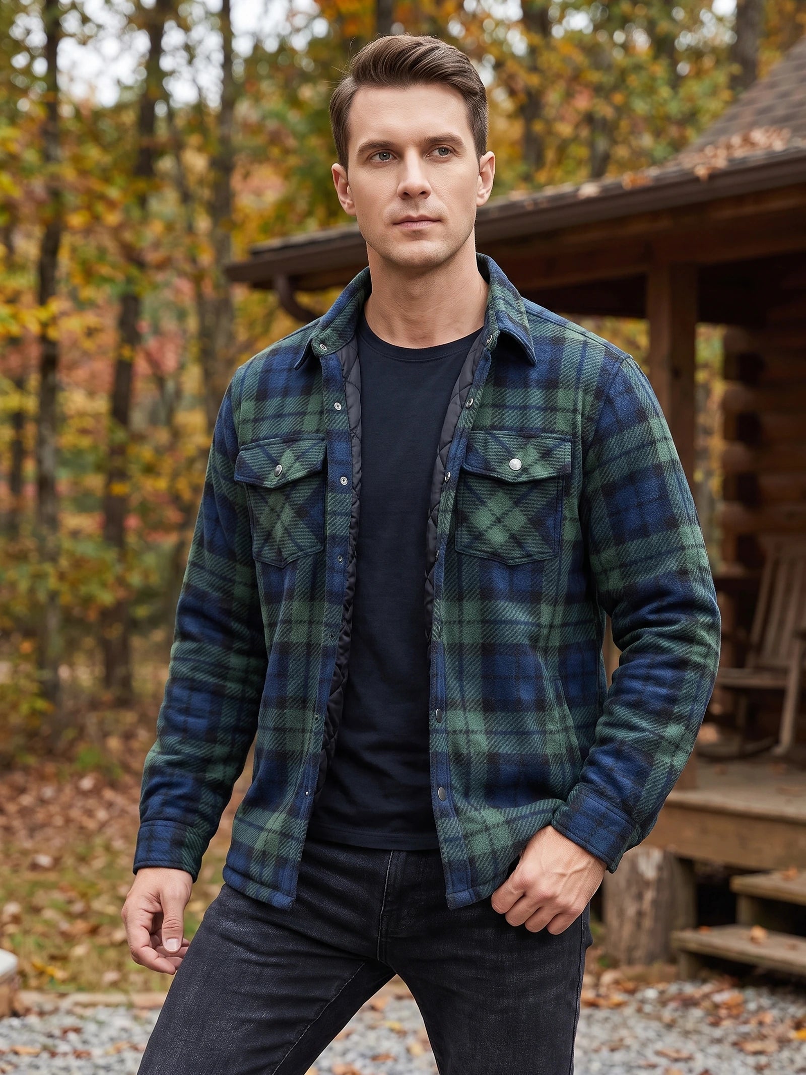 Men's Check Flannel Jacket with Quilted Lining, Long Sleeve Button-Up Autumn Winter Coat