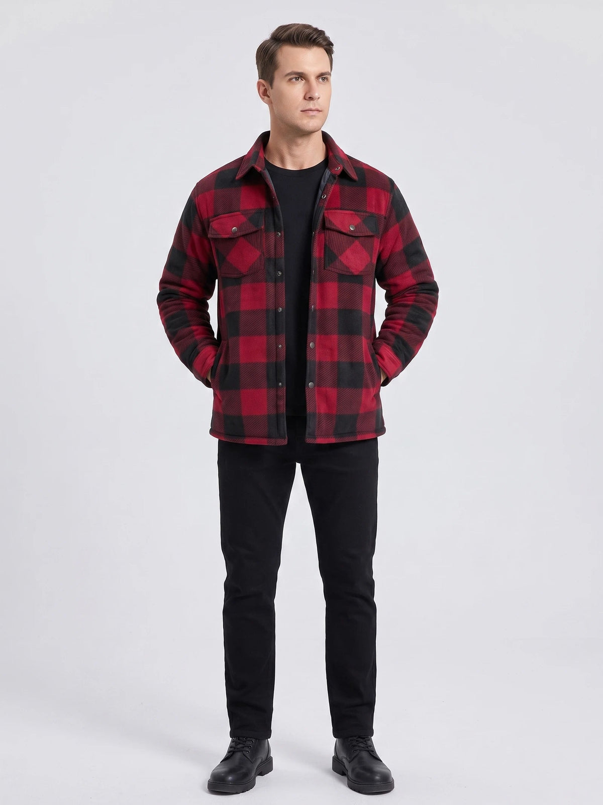 Men's Check Flannel Jacket with Quilted Lining, Long Sleeve Button-Up Autumn Winter Coat