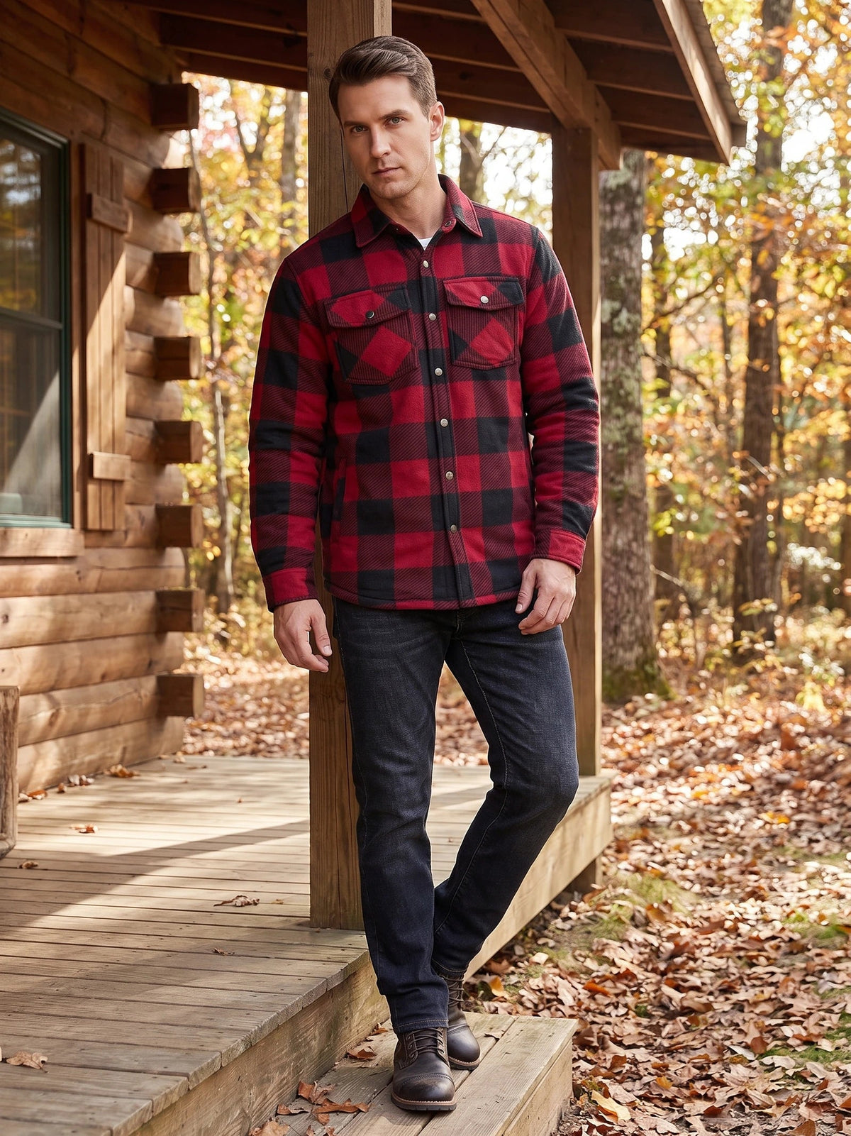 Men's Check Flannel Jacket with Quilted Lining, Long Sleeve Button-Up Autumn Winter Coat