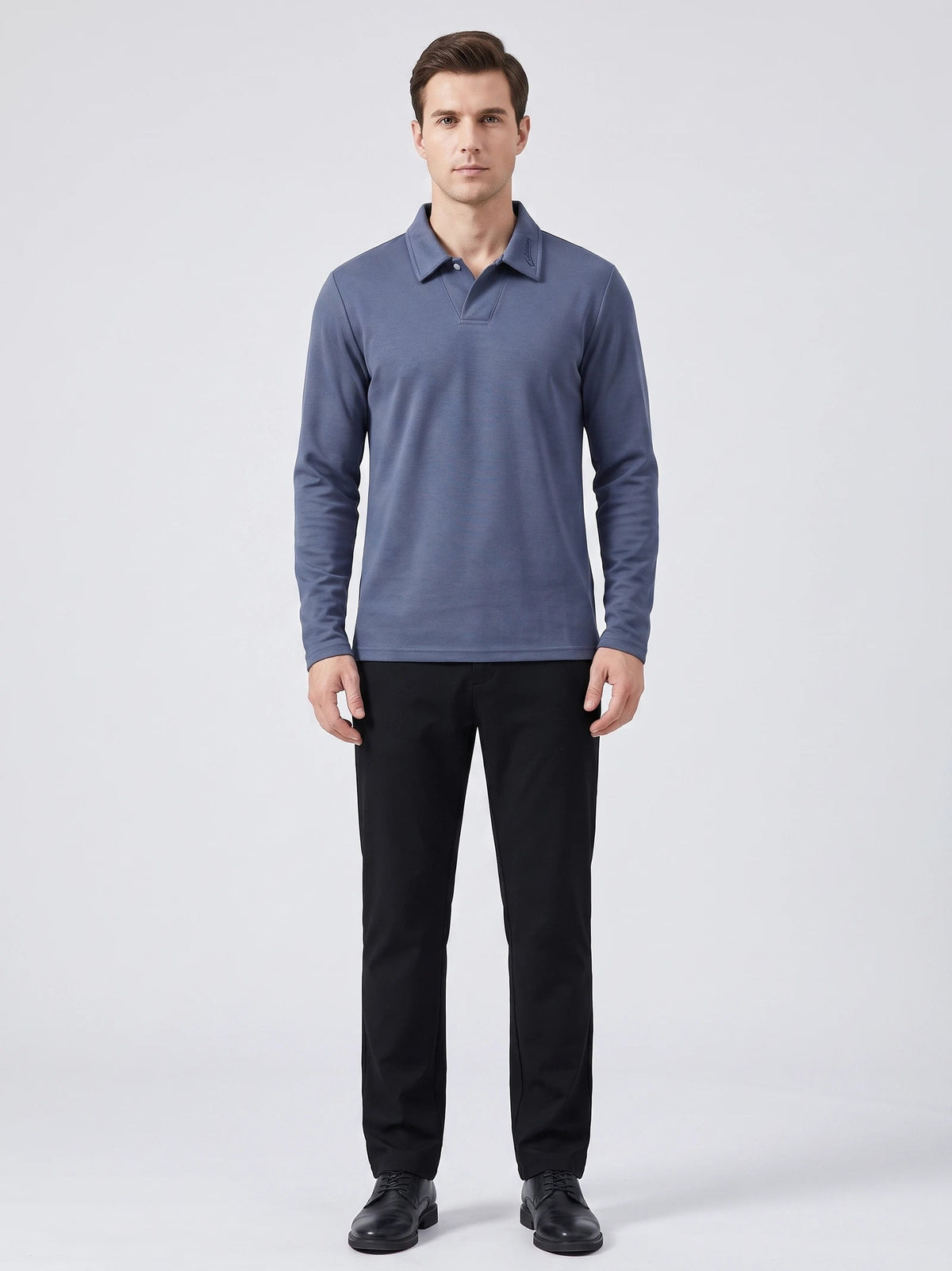 Men's Long Sleeve Polo Shirt with Embroidered Turn-Down Collar