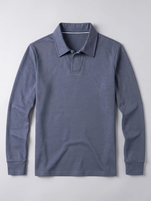 Men's Long Sleeve Polo Shirt with Embroidered Turn-Down Collar