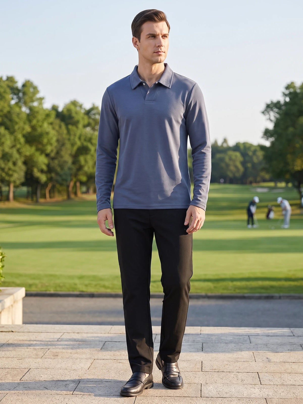 Men's Long Sleeve Polo Shirt with Embroidered Turn-Down Collar