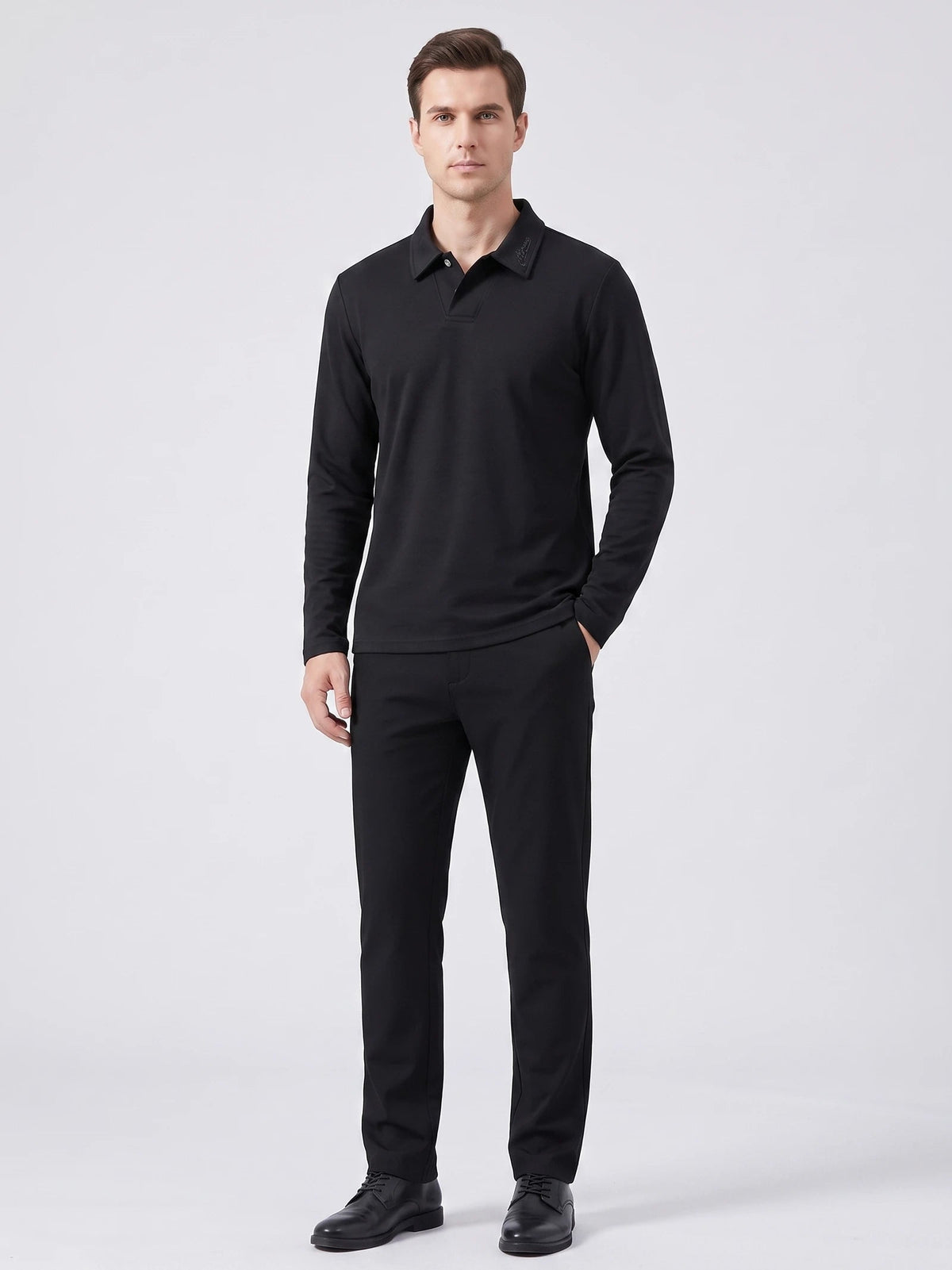 Men's Long Sleeve Polo Shirt with Embroidered Turn-Down Collar