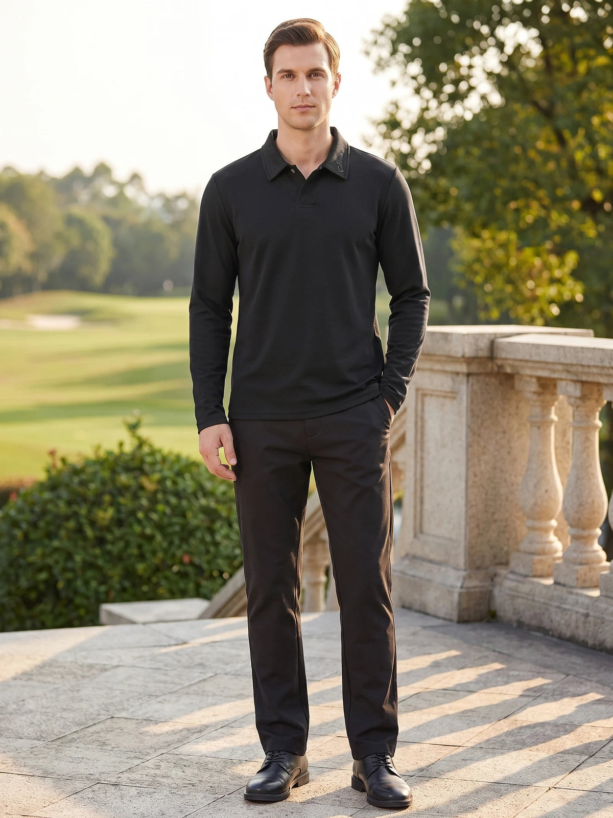 Men's Long Sleeve Polo Shirt with Embroidered Turn-Down Collar