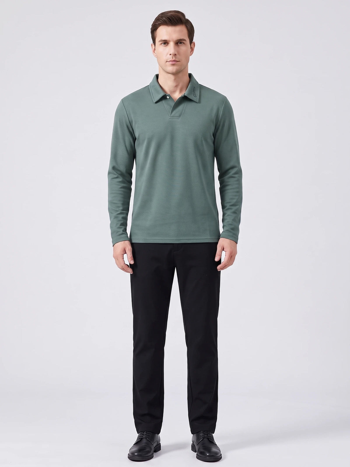 Men's Long Sleeve Polo Shirt with Embroidered Turn-Down Collar