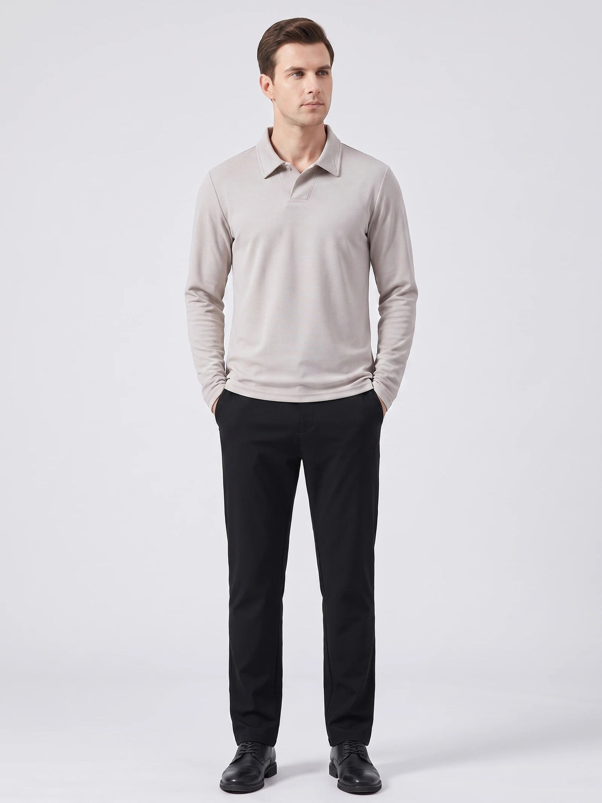 Men's Long Sleeve Polo Shirt with Embroidered Turn-Down Collar