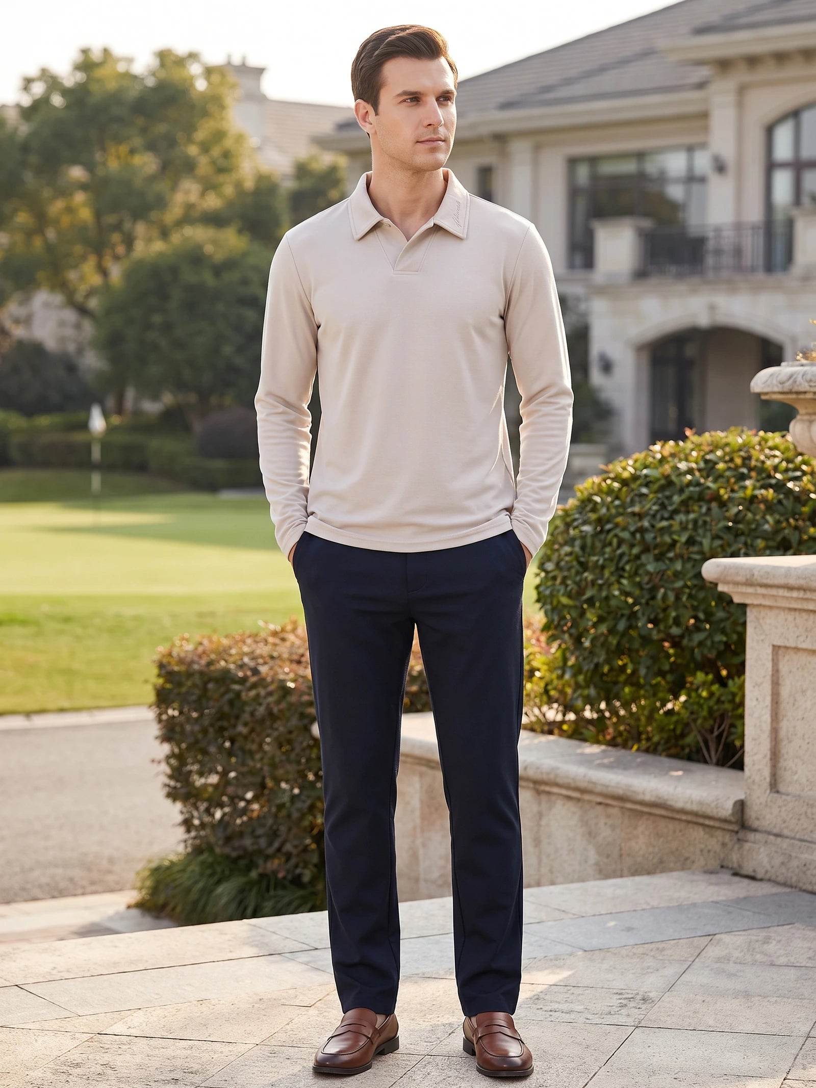 Men's Long Sleeve Polo Shirt with Embroidered Turn-Down Collar