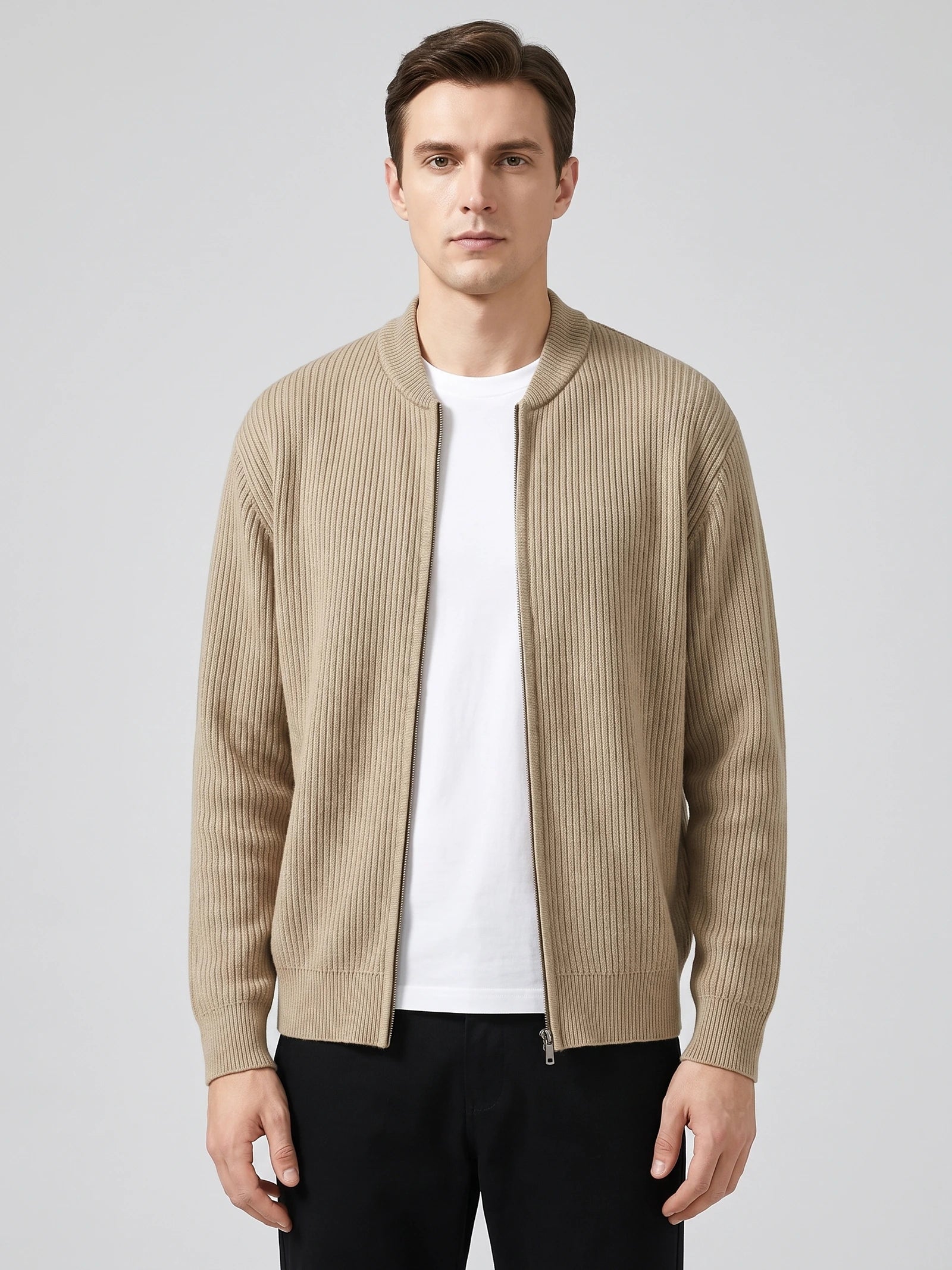 Men's Zip Up Cardigan Knit Stand Collar Long Sleeve Casual Jumper for Autumn and Winter