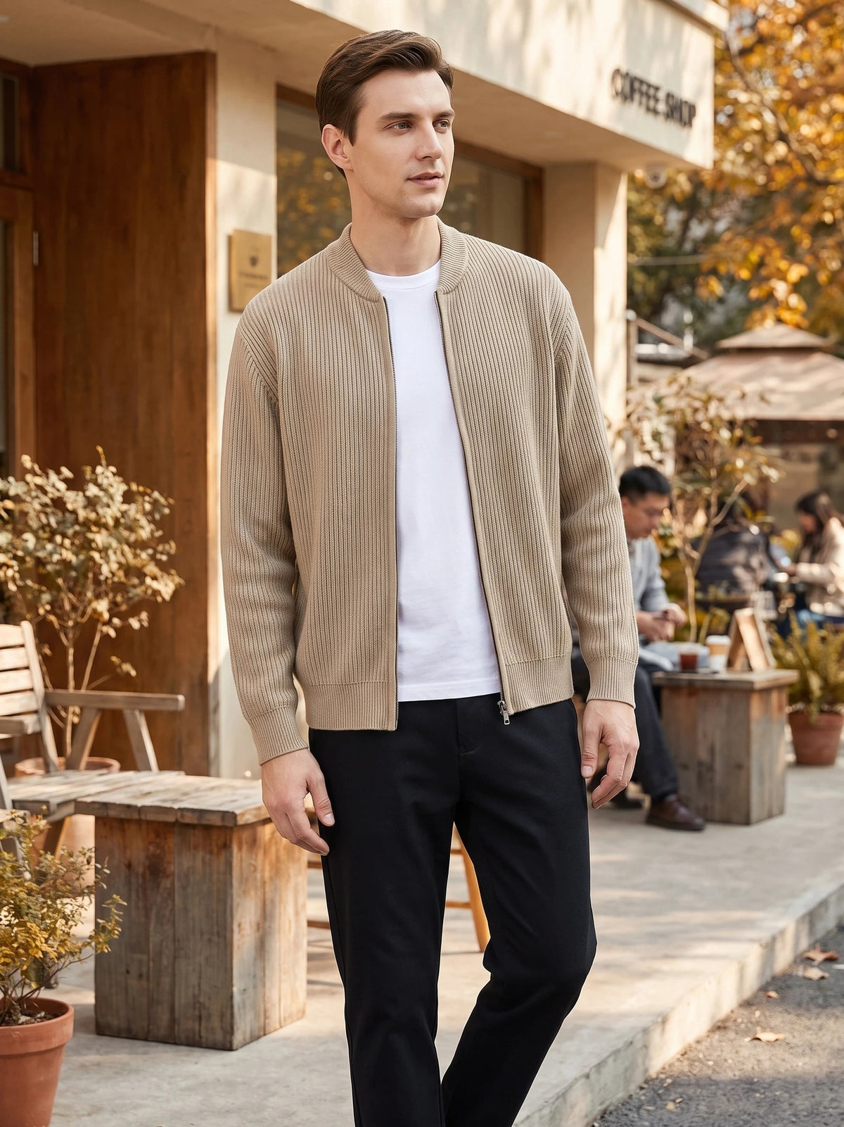 Men's Zip Up Cardigan Knit Stand Collar Long Sleeve Casual Jumper for Autumn and Winter