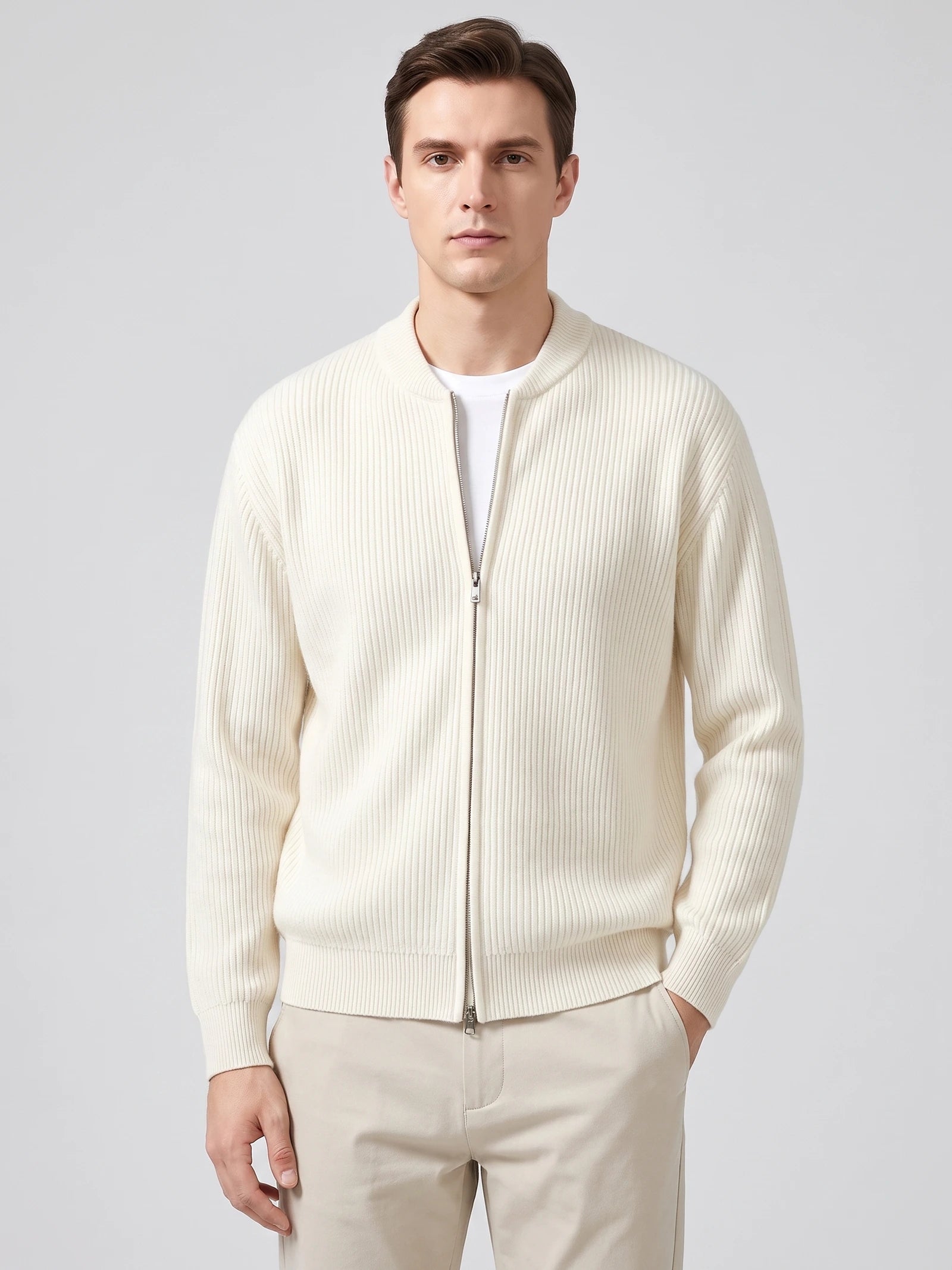 Men's Zip Up Cardigan Knit Stand Collar Long Sleeve Casual Jumper for Autumn and Winter