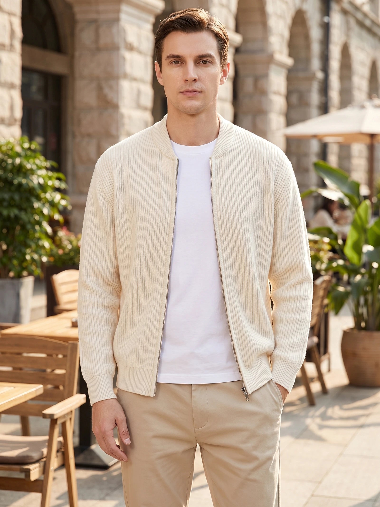 Men's Zip Up Cardigan Knit Stand Collar Long Sleeve Casual Jumper for Autumn and Winter
