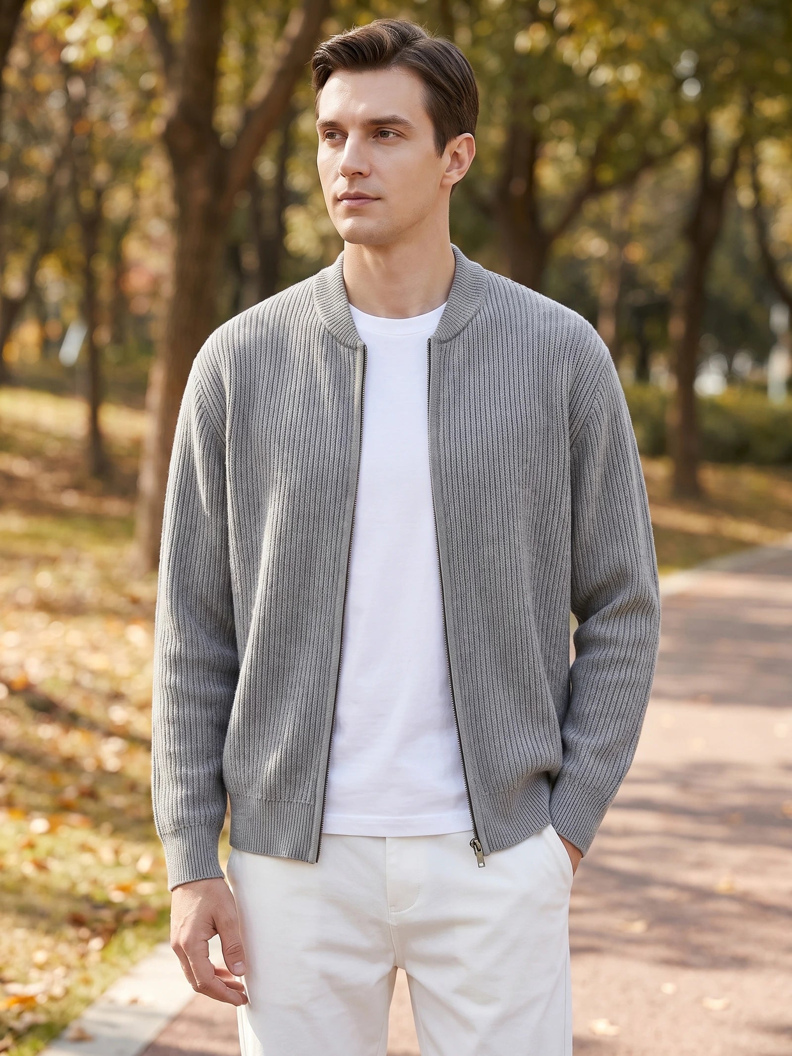 Men's Zip Up Cardigan Knit Stand Collar Long Sleeve Casual Jumper for Autumn and Winter