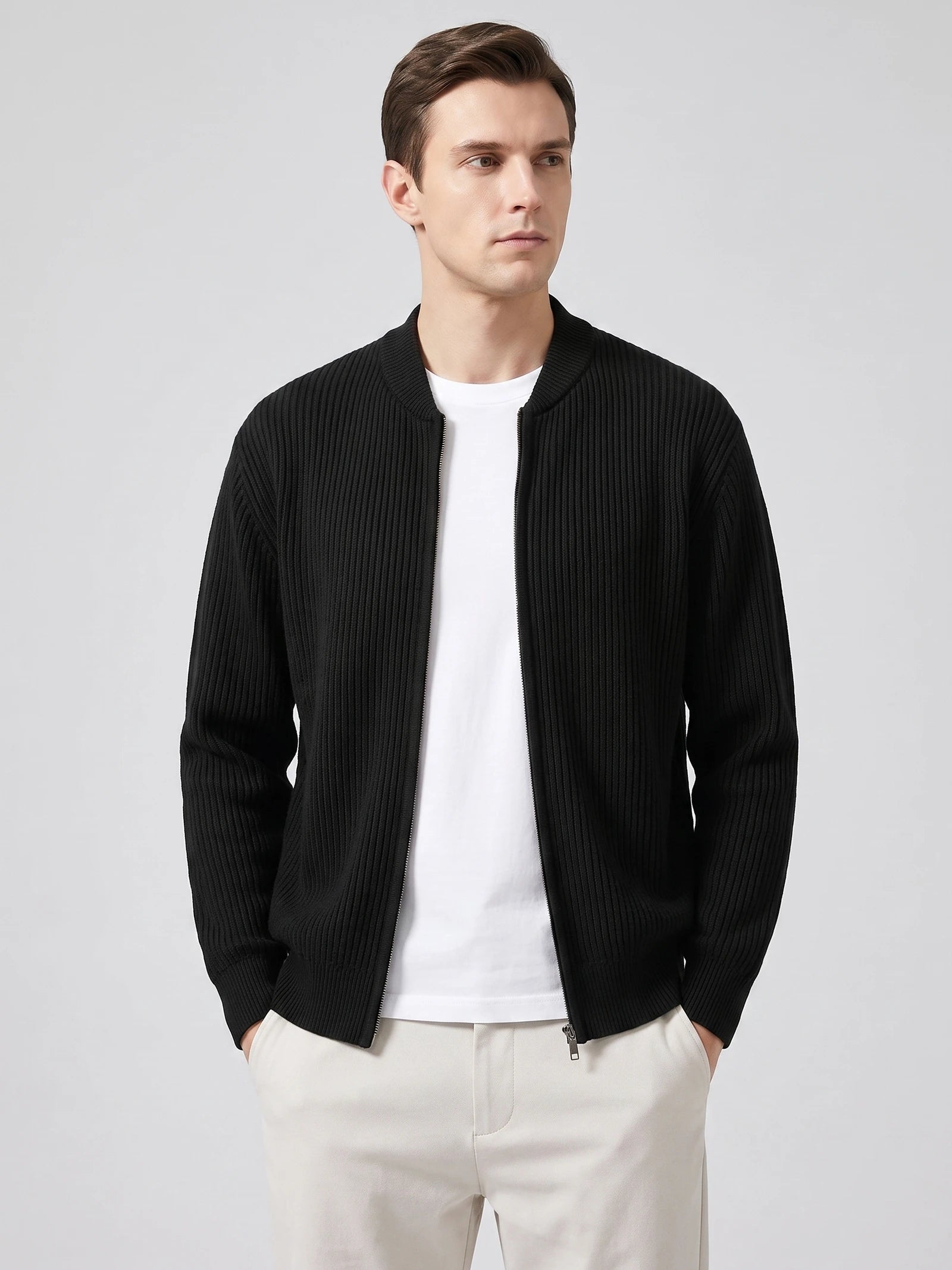 Men's Zip Up Cardigan Knit Stand Collar Long Sleeve Casual Jumper for Autumn and Winter