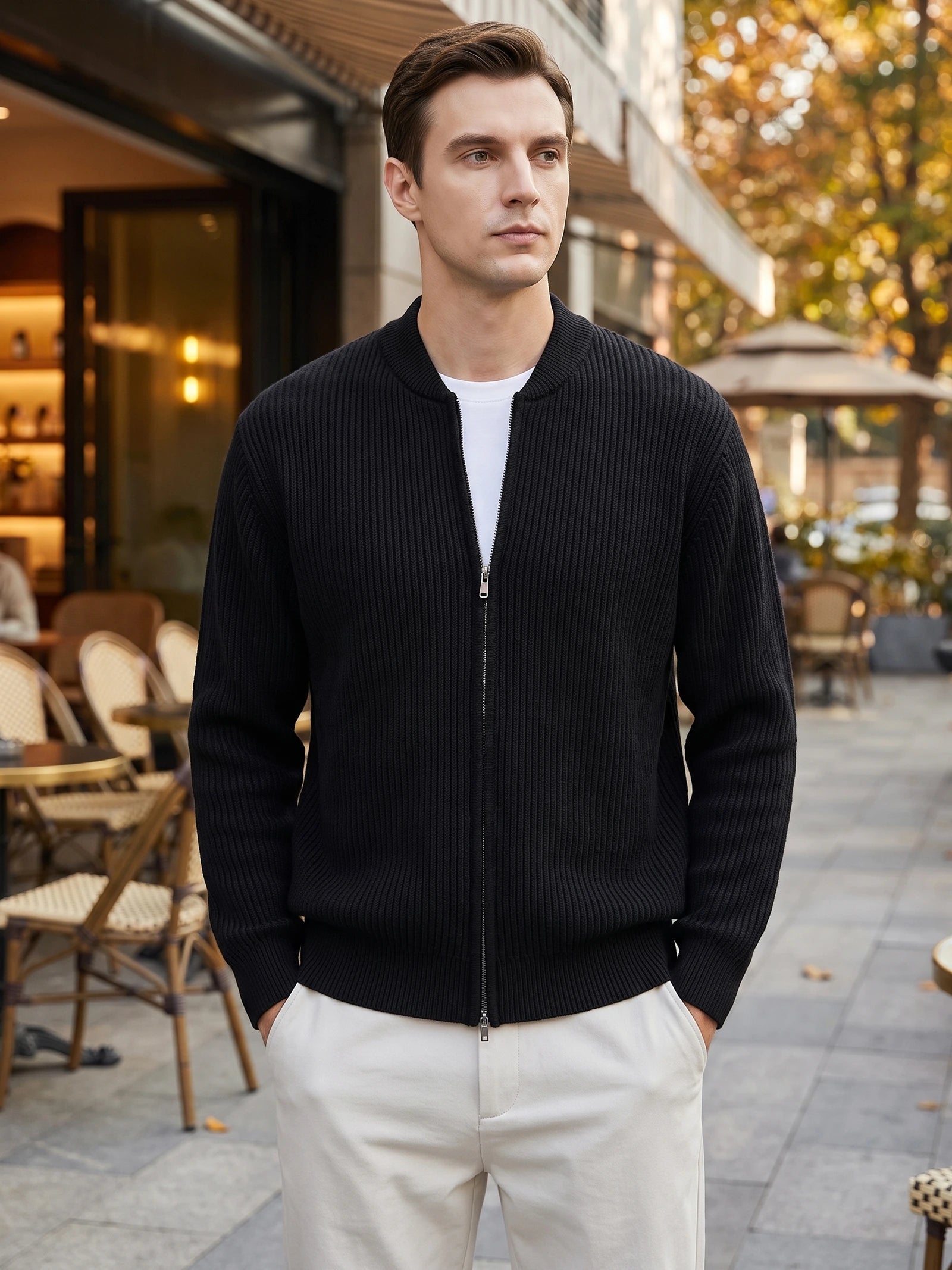 Men's Zip Up Cardigan Knit Stand Collar Long Sleeve Casual Jumper for Autumn and Winter