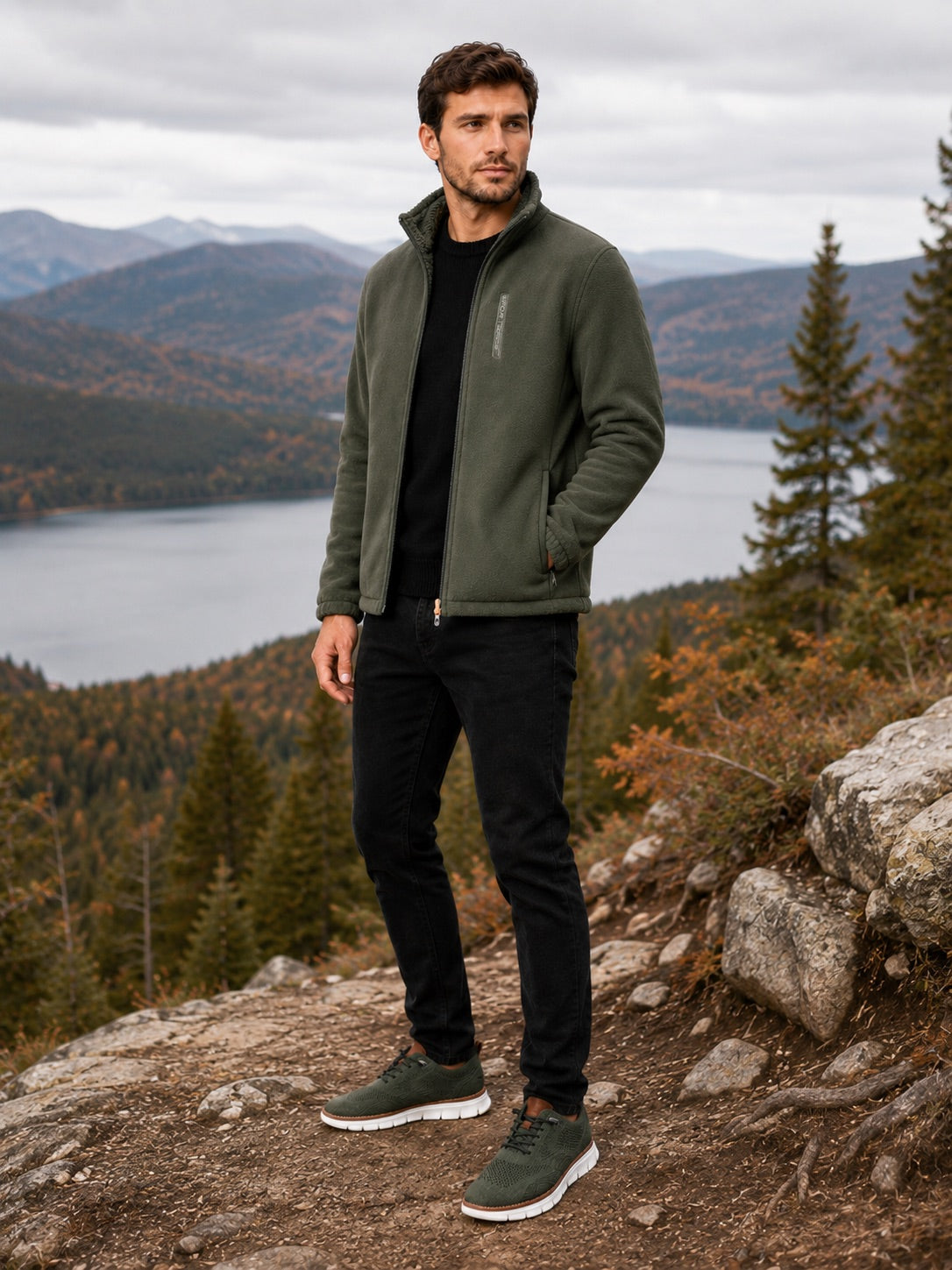 Men’s Polar Fleece Jacket Windproof Full Zip Stand Collar Thick Warm Winter Coat for Hiking and Outdoor Wear