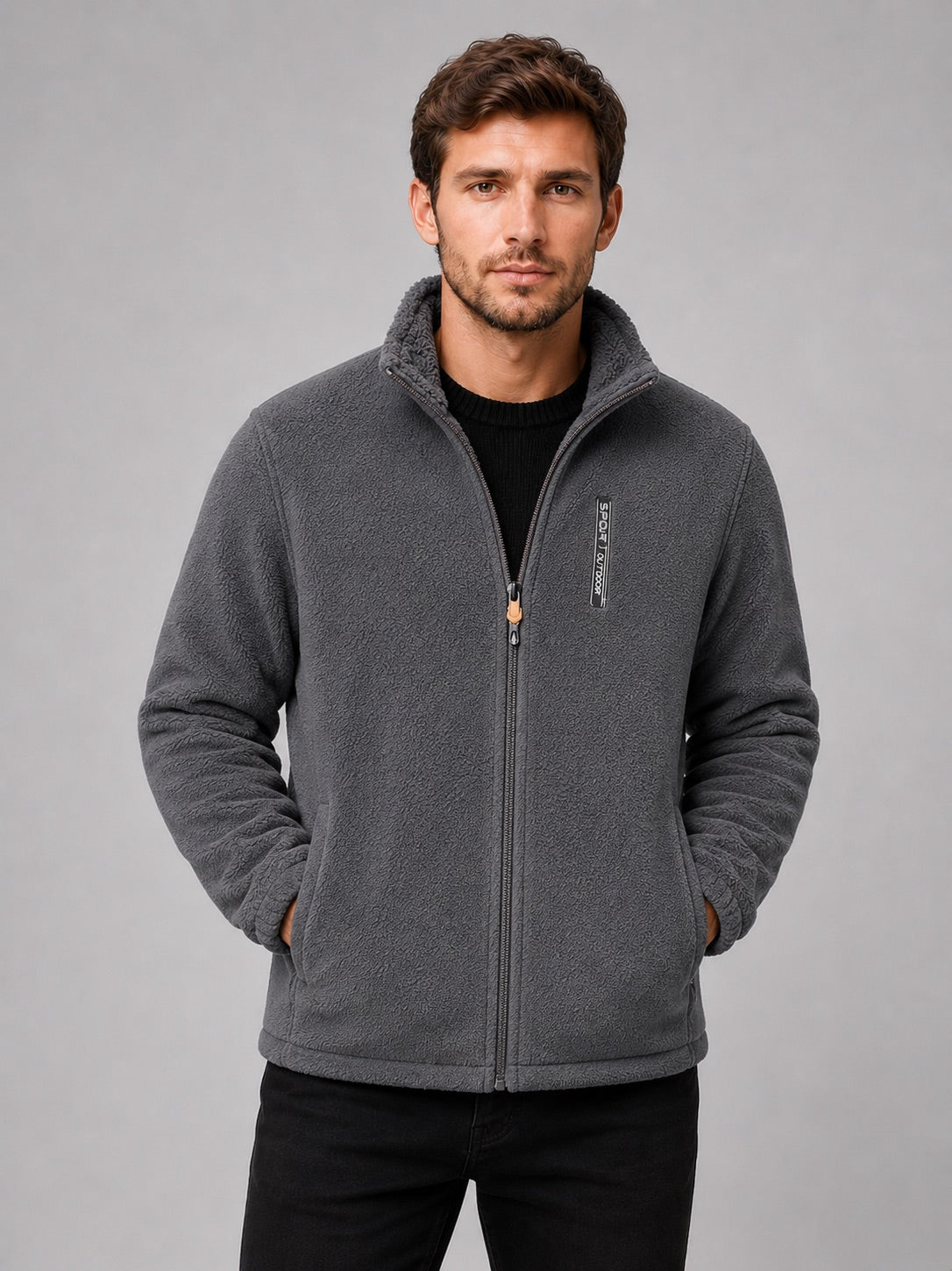 Men’s Polar Fleece Jacket Windproof Full Zip Stand Collar Thick Warm Winter Coat for Hiking and Outdoor Wear