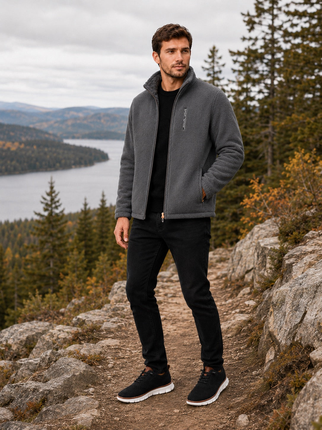 Men’s Polar Fleece Jacket Windproof Full Zip Stand Collar Thick Warm Winter Coat for Hiking and Outdoor Wear