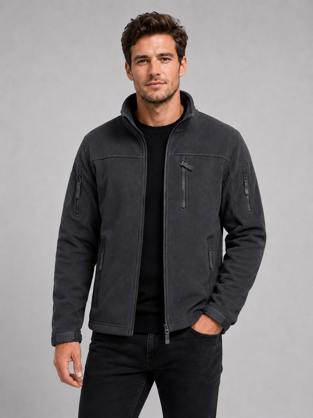 Men’s Fleece Jacket Windproof Full Zip Warm Winter Autumn Jacket with Zipper Pockets for Hiking, Work and Outdoor Wear