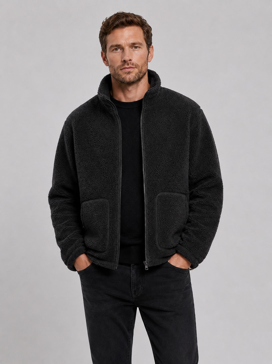 Men’s Full zip Fleece Jacket Stand Collar Loose Fit Warm Winter Autumn Jacket for Casual and Outdoor Wear