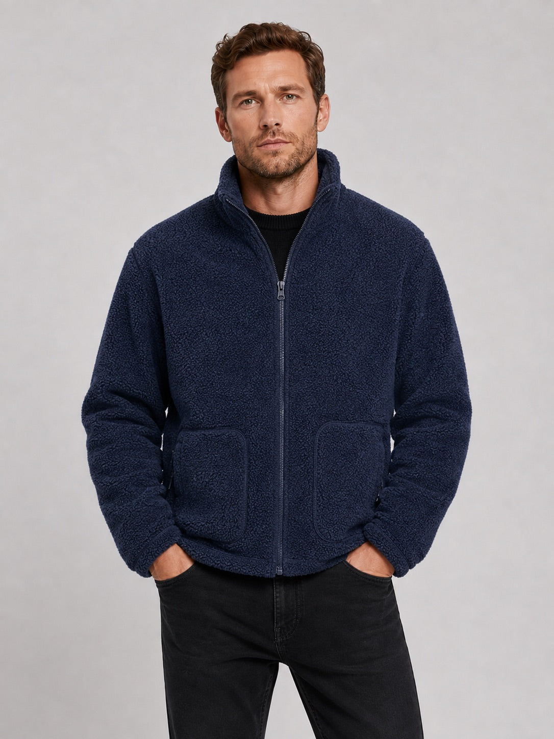 Men’s Full zip Fleece Jacket Stand Collar Loose Fit Warm Winter Autumn Jacket for Casual and Outdoor Wear