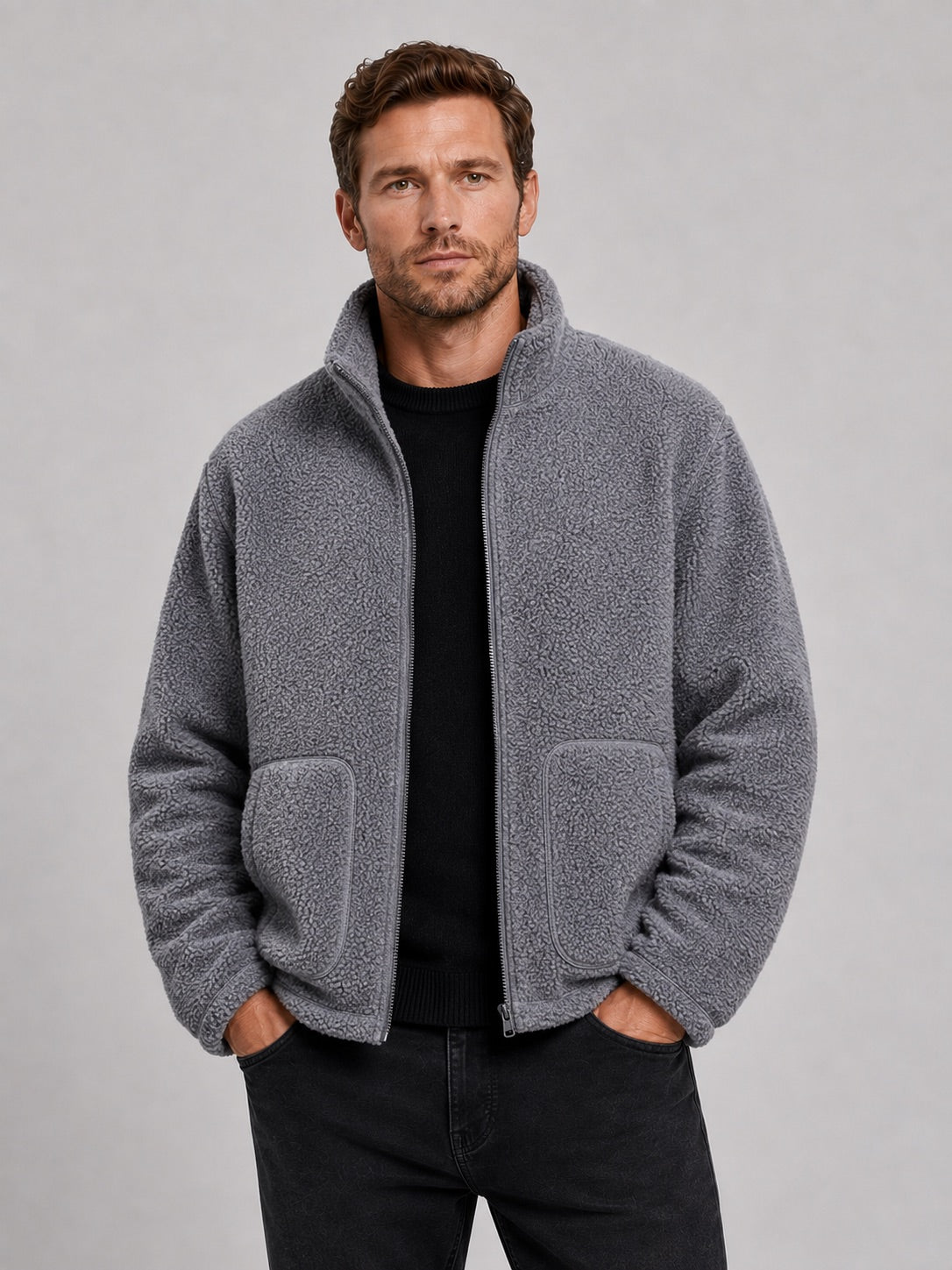 Men’s Full zip Fleece Jacket Stand Collar Loose Fit Warm Winter Autumn Jacket for Casual and Outdoor Wear