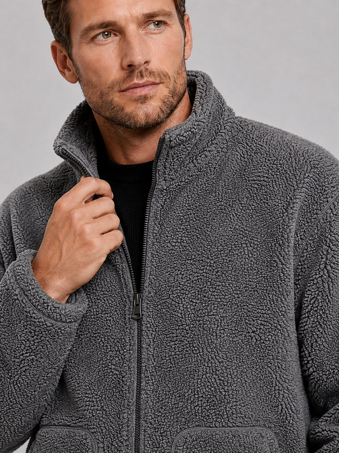 Men’s Full zip Fleece Jacket Stand Collar Loose Fit Warm Winter Autumn Jacket for Casual and Outdoor Wear