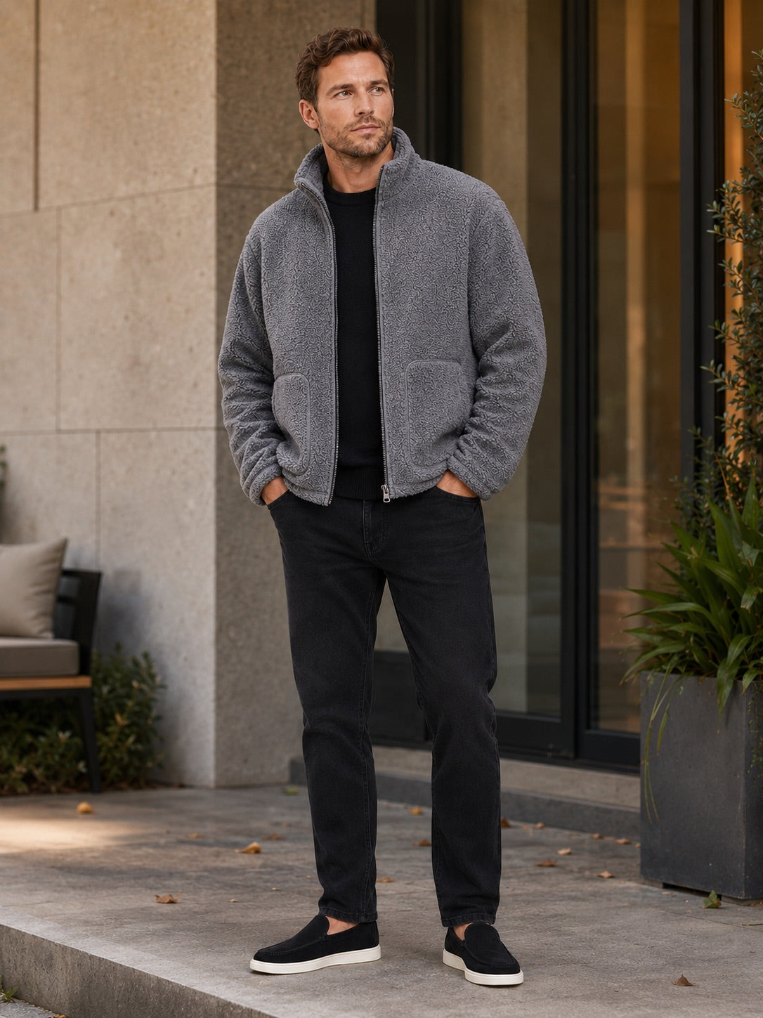 Men’s Full zip Fleece Jacket Stand Collar Loose Fit Warm Winter Autumn Jacket for Casual and Outdoor Wear