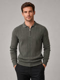 Men’s Quarter Zip Polo Shirt Slim Fit Textured Long Sleeve Autumn Winter Business Casual Top for Office and Everyday Wear