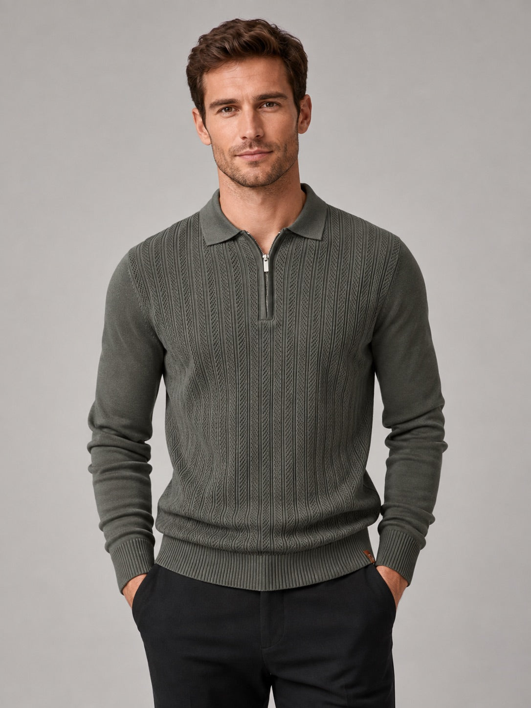 Men’s Quarter Zip Polo Shirt Slim Fit Textured Long Sleeve Autumn Winter Business Casual Top for Office and Everyday Wear