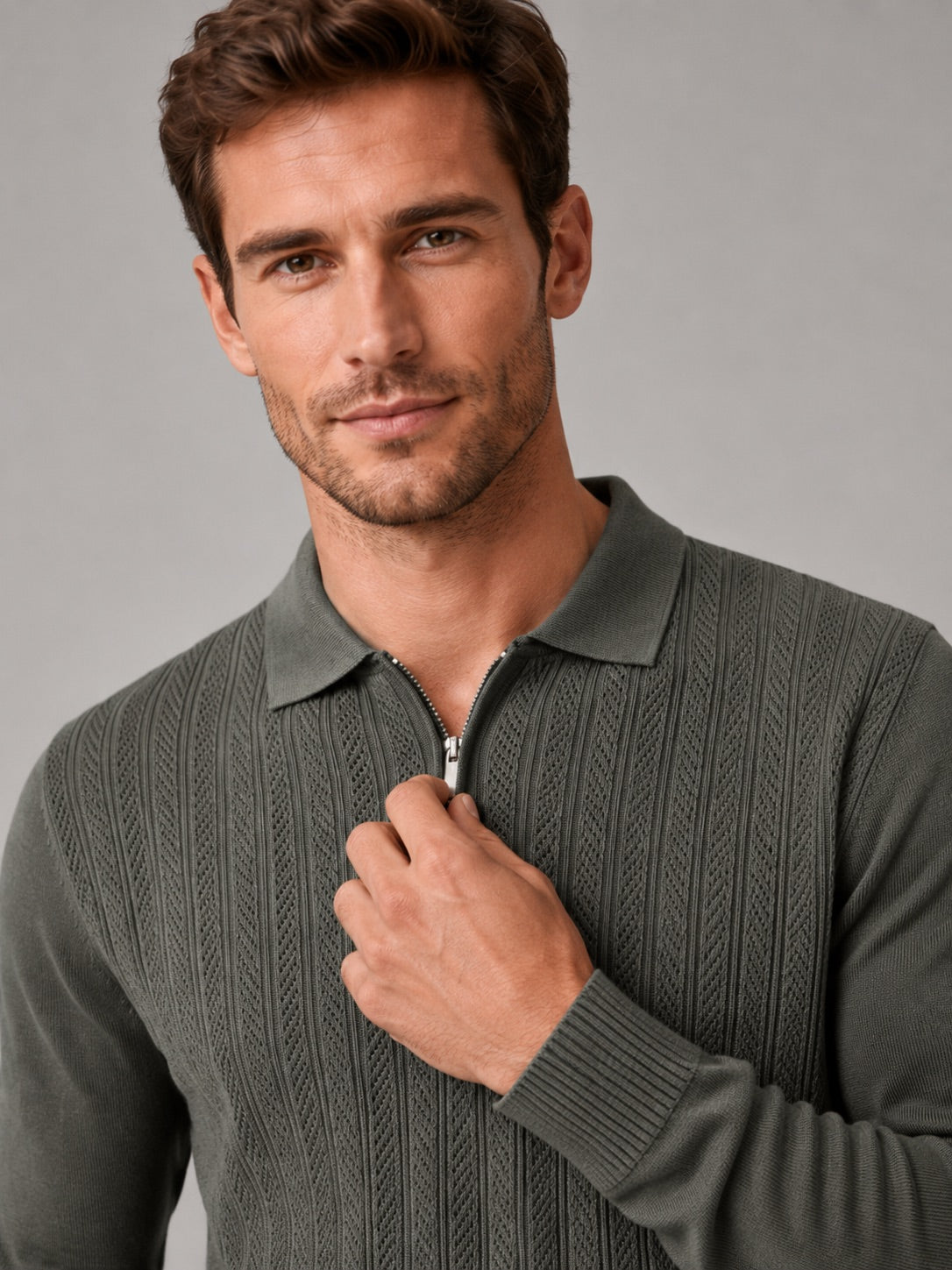 Men’s Quarter Zip Polo Shirt Slim Fit Textured Long Sleeve Autumn Winter Business Casual Top for Office and Everyday Wear