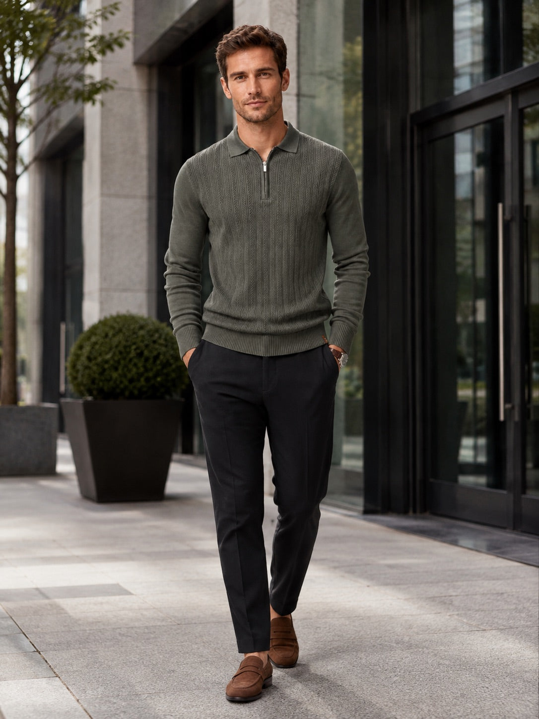 Men’s Quarter Zip Polo Shirt Slim Fit Textured Long Sleeve Autumn Winter Business Casual Top for Office and Everyday Wear