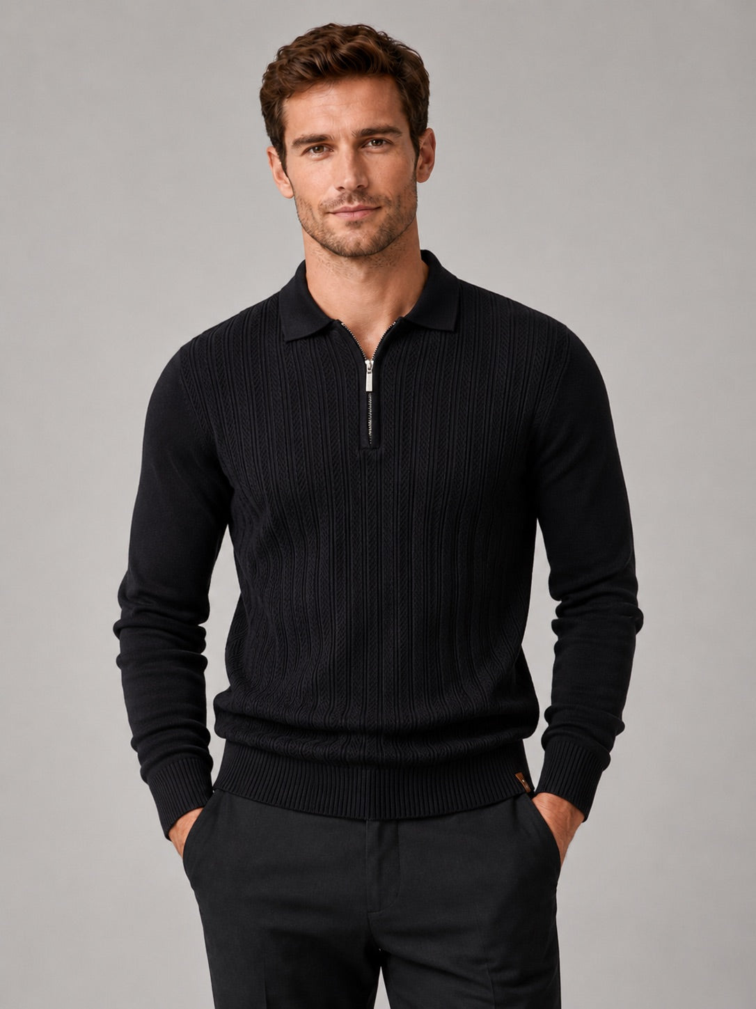 Men’s Quarter Zip Polo Shirt Slim Fit Textured Long Sleeve Autumn Winter Business Casual Top for Office and Everyday Wear