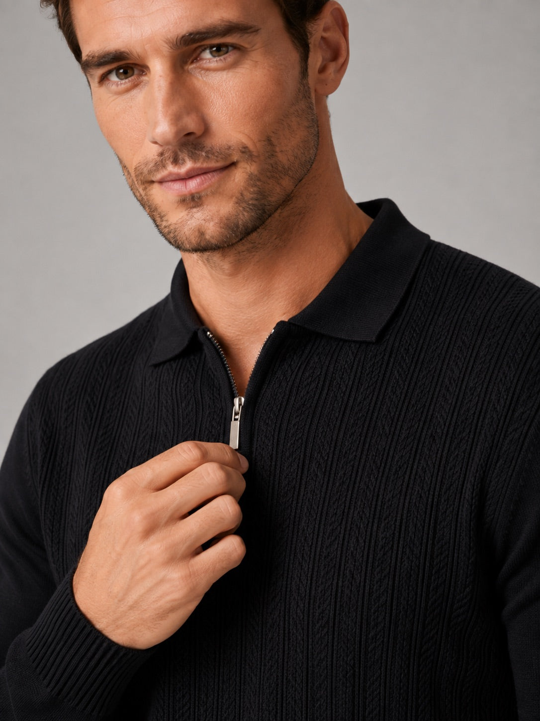 Men’s Quarter Zip Polo Shirt Slim Fit Textured Long Sleeve Autumn Winter Business Casual Top for Office and Everyday Wear