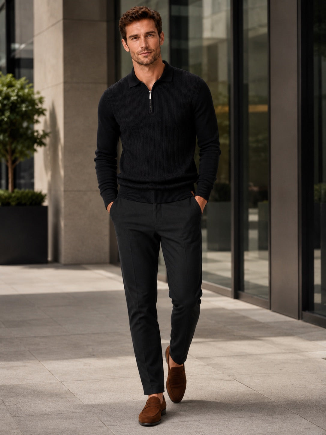 Men’s Quarter Zip Polo Shirt Slim Fit Textured Long Sleeve Autumn Winter Business Casual Top for Office and Everyday Wear