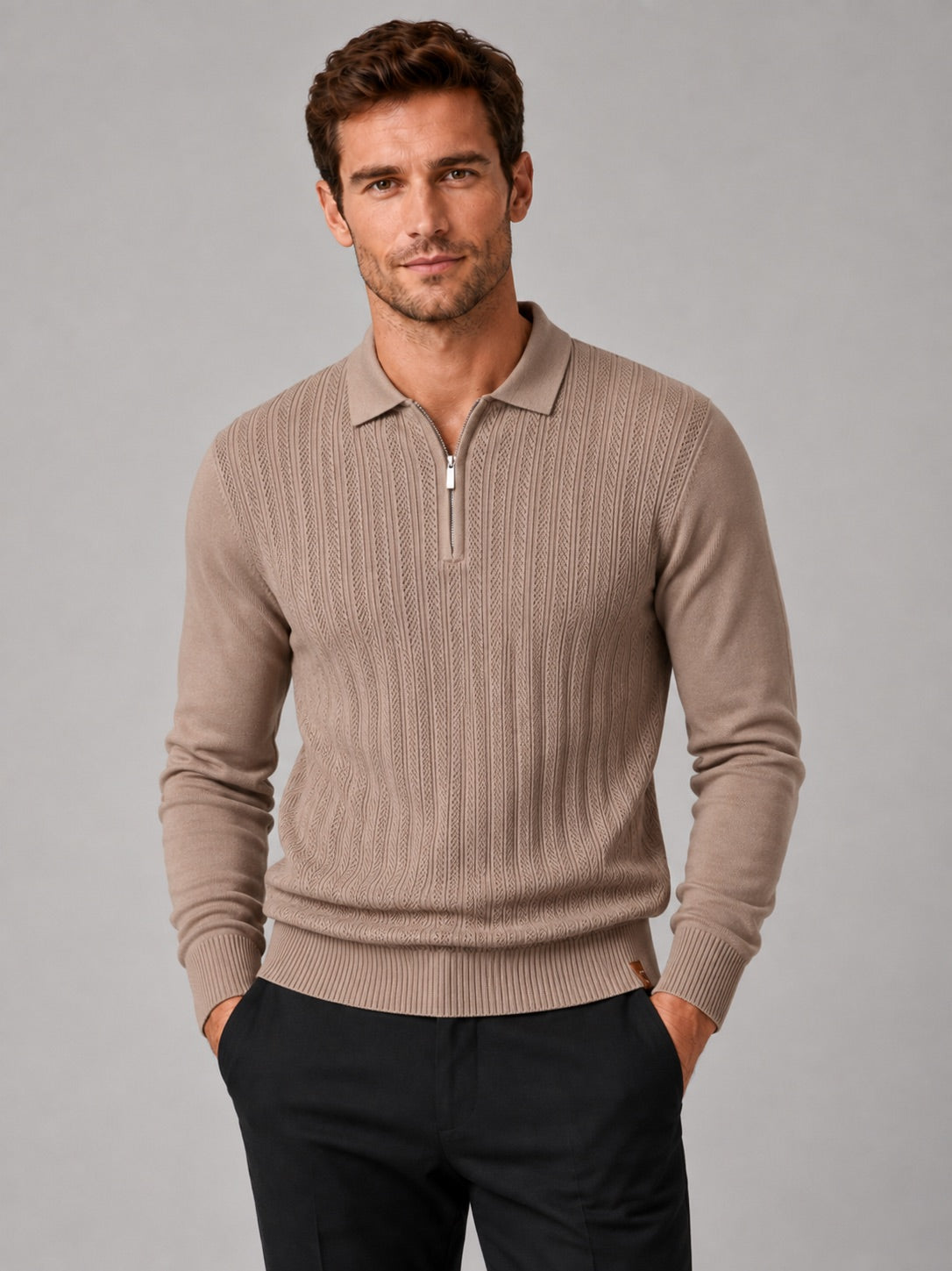 Men’s Quarter Zip Polo Shirt Slim Fit Textured Long Sleeve Autumn Winter Business Casual Top for Office and Everyday Wear