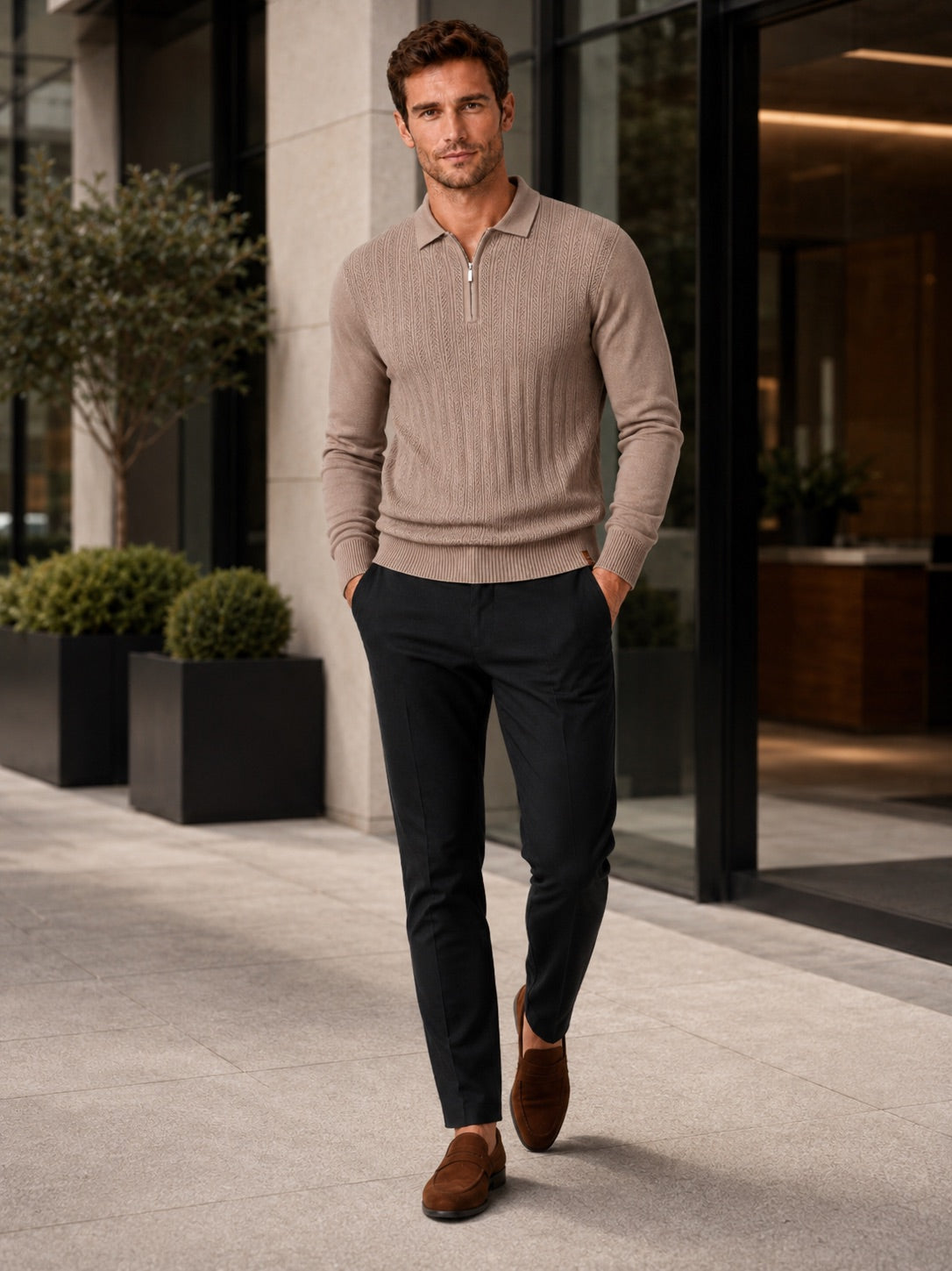 Men’s Quarter Zip Polo Shirt Slim Fit Textured Long Sleeve Autumn Winter Business Casual Top for Office and Everyday Wear