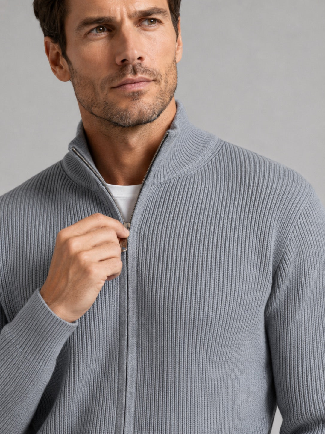 Men’s Ribbed Knit Cardigan Full Zip Stand Collar Slim Fit Long Sleeve Autumn Winter Jumper for Casual and Everyday Wear