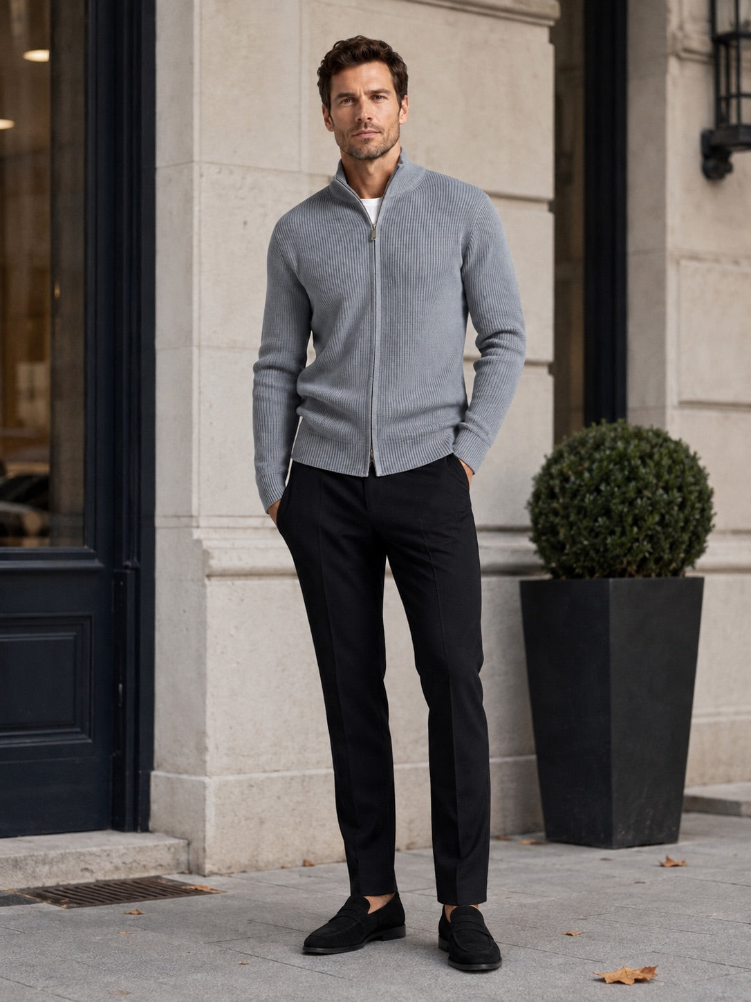 Men’s Ribbed Knit Cardigan Full Zip Stand Collar Slim Fit Long Sleeve Autumn Winter Jumper for Casual and Everyday Wear